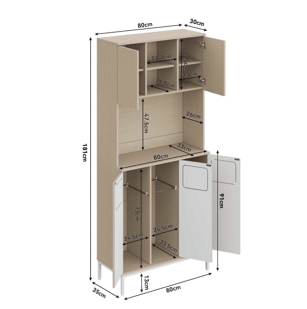 BUFFET 80/35/181 cm aus MDF mit Müllbereich und Mikrowellenfach Weiß (Hellholz-Optik) - Weiß, Holzwerkstoff (80/181/35cm) - Modenvie