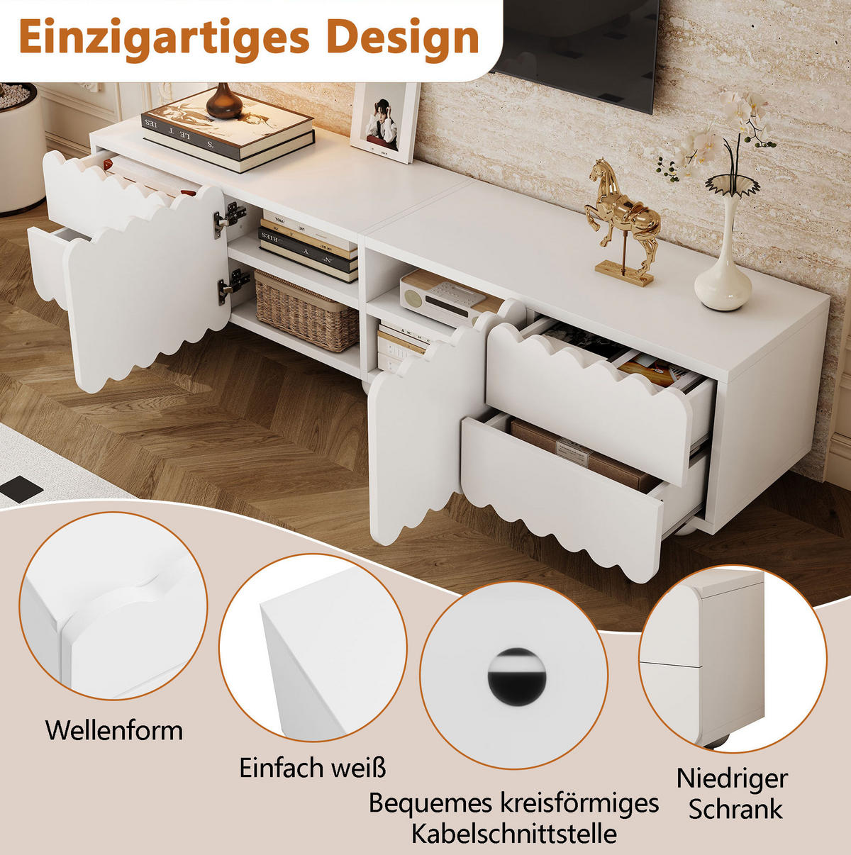 TV-SCHRANK aus MDF und Holzwerkstoff 175x38x37 cm Weiß mit Türen und Schubladen, pflegeleichte Oberfläche - Weiß, Holzwerkstoff (175/37/38cm) - Modfu