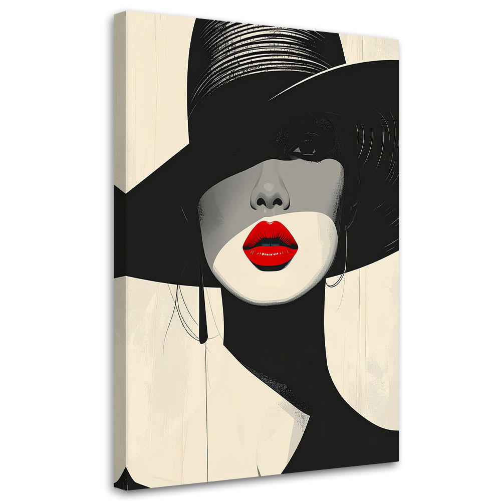 WANDBILD, Eine Frau mit schwarzem Hut und roten Lippen - Schwarz, Textil (60/90cm) - Feeby
