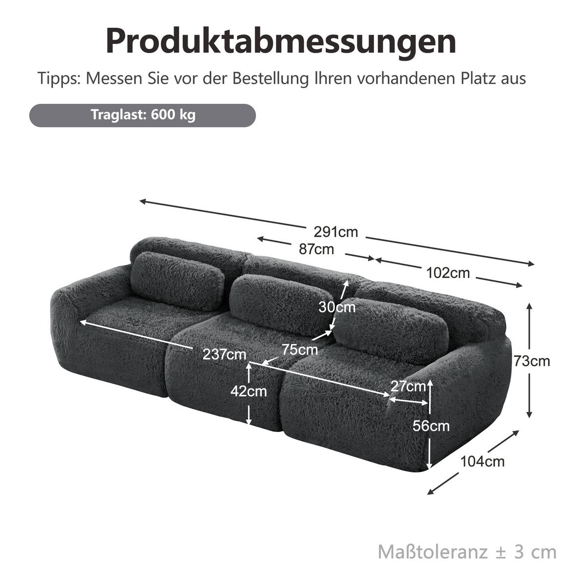3-SITZER-SOFA DE-34149 mit Tiefsitz Grau - Grau, Textil (104/291cm) - ComfortXL