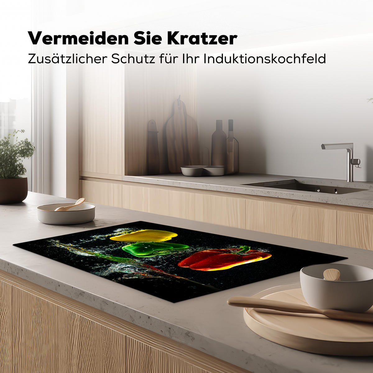 HERDABDECKPLATTE Paprika - Gemüse - Wasser - Schwarz - Rot - Grün - Gelb Ceranfeldabdeckung 85x52 cm - Multicolor, Kunststoff (85/52/0.2cm) - MuchoWow
