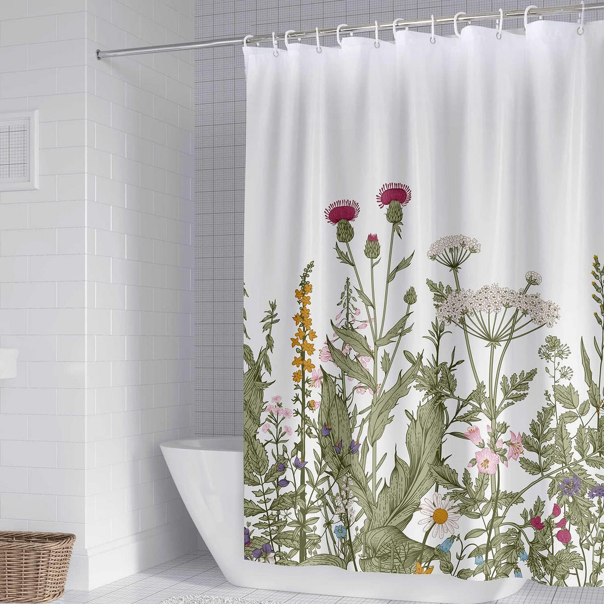 DUSCHVORHANG Blumen floral Aquarell Set Badezimmer mit Haken - Grün, Textil (180/120cm) - MCBOSON