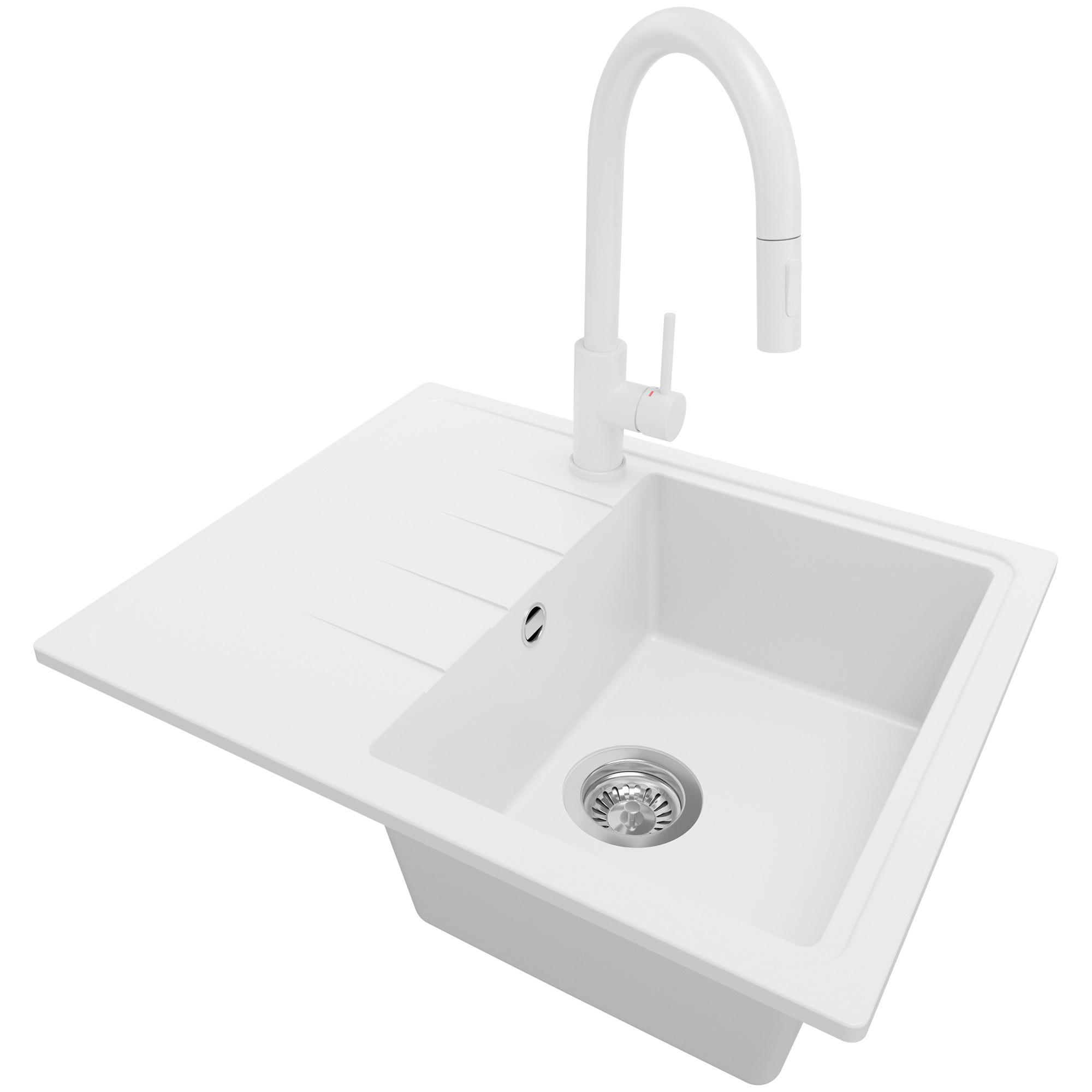 GRANITSPÜLE Mailand, 2-er set Weiß 62/50 cm 1 Becken + Küchenarmatur 40/20 cm + Ablauf-Set ab 40er Unterschrank - Chromfarben/Weiß, Kunststoff (62/19/50cm) - Primagran