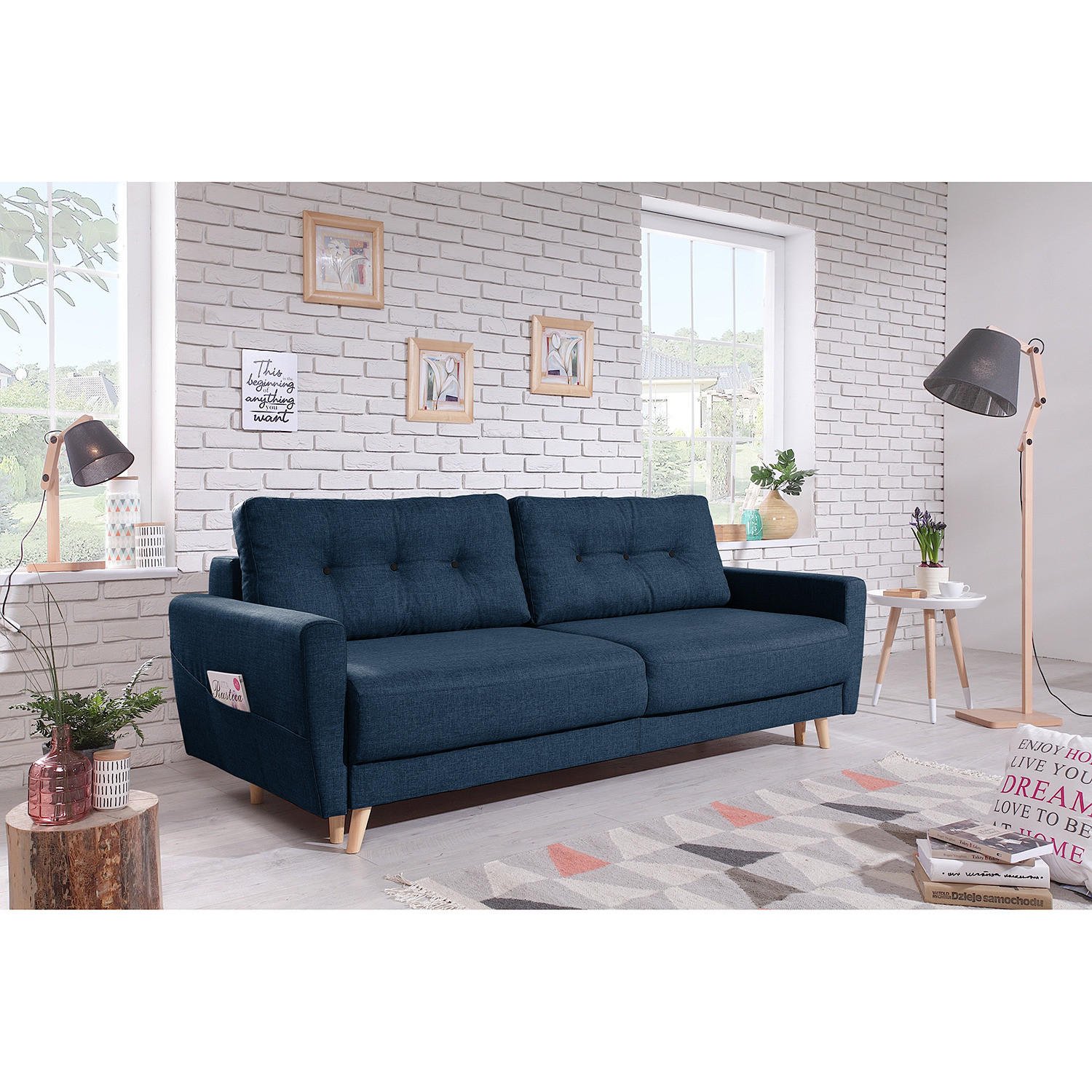 3-SITZER SOFA - Hellbraun/Blau, Textil (220/90/90cm) - home24