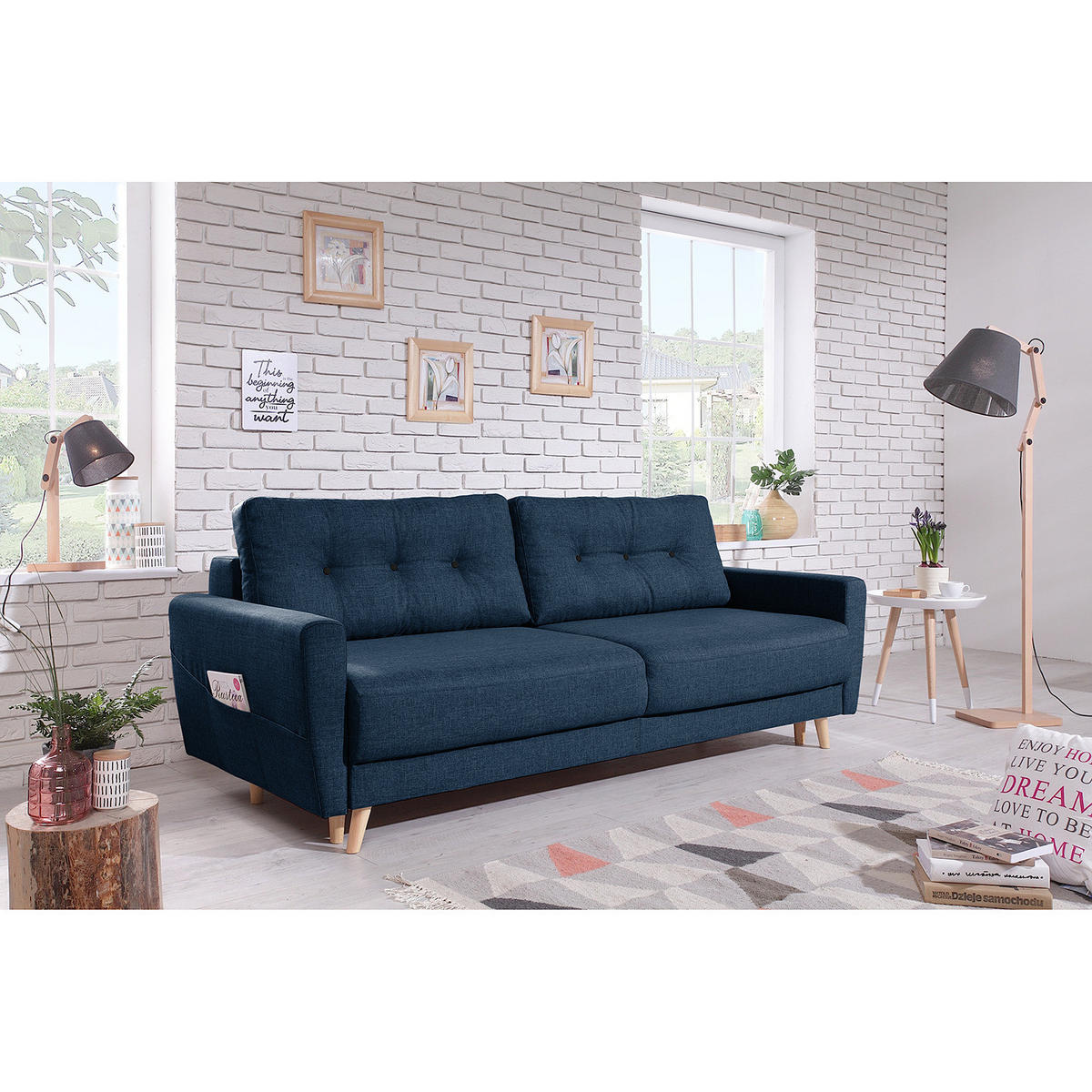 3-SITZER SOFA - Hellbraun/Blau, Textil (220/90/90cm) - home24