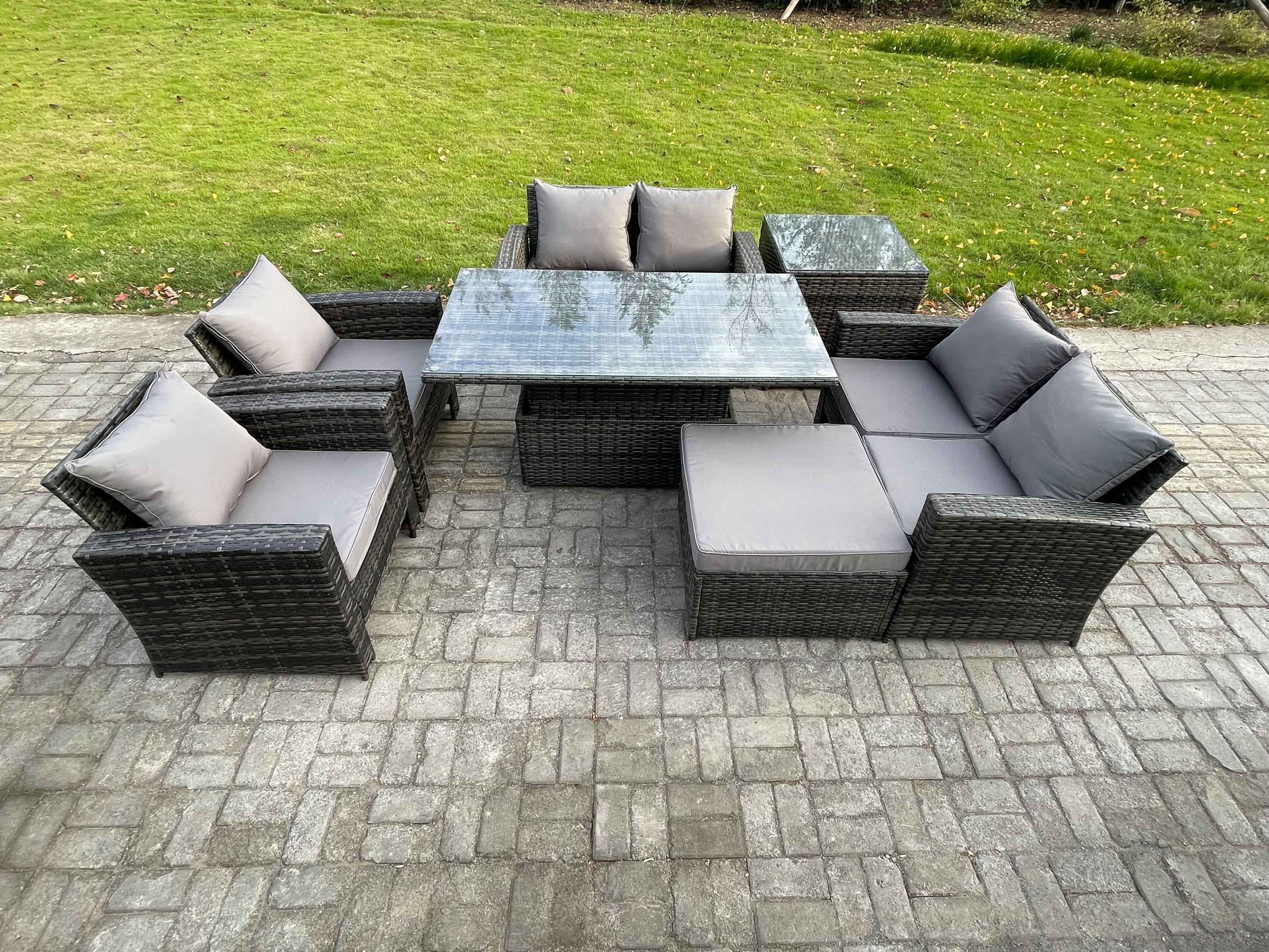 GARTENMÖBEL-SET HÖHENVERSTELLBARER ESSTISCH SOFA SET MIT DOPPELSITZ-SOFA BEISTELLTISCH HOCKER Polyrattan Dunkelgrau Gemischt 7-Sitzer - Dunkelgrau, Metall - Fimous