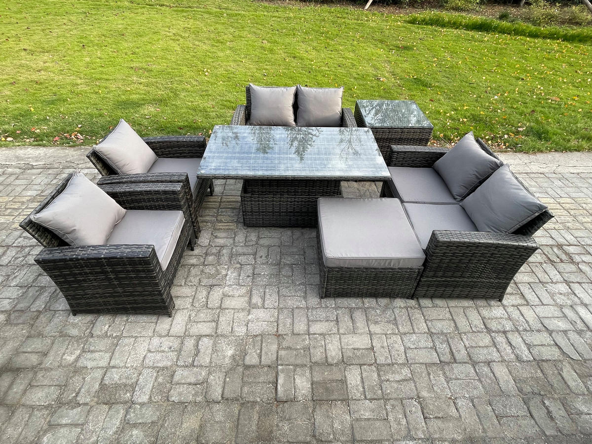 GARTENMÖBEL-SET HÖHENVERSTELLBARER ESSTISCH SOFA SET MIT DOPPELSITZ-SOFA BEISTELLTISCH HOCKER Polyrattan Dunkelgrau Gemischt 7-Sitzer - Dunkelgrau, Metall - Fimous