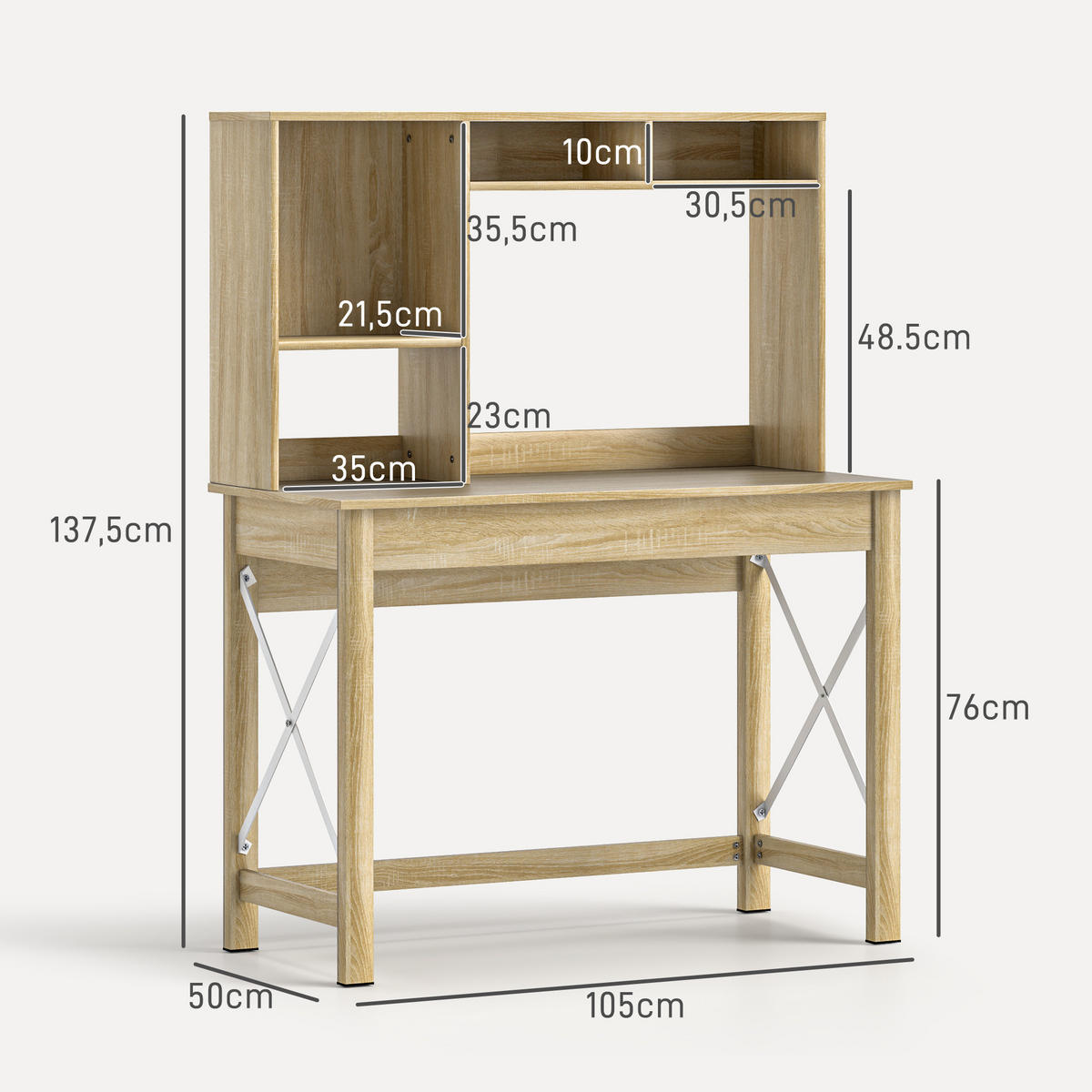 SCHREIBTISCH Eichenoptik mit integriertem Regal und Metallgestell 105/50/137,5 cm - Eichefarben, Holzwerkstoff (50/105/137.5cm) - PANGIVO