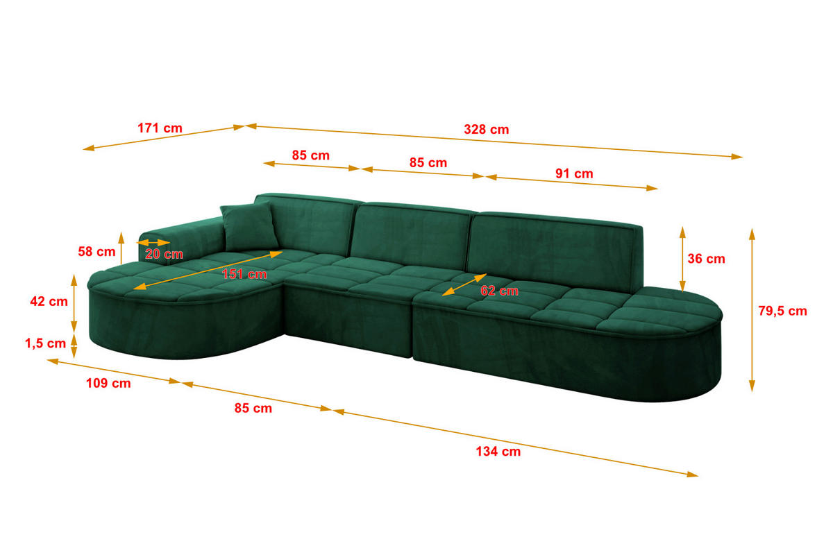 ECKSOFA Ottomane Links TARO-L2 - 328x171x79,5 cm Dunkelgrün - Grün, Holzwerkstoff/Textil (328/171cm) - ALTDECOR