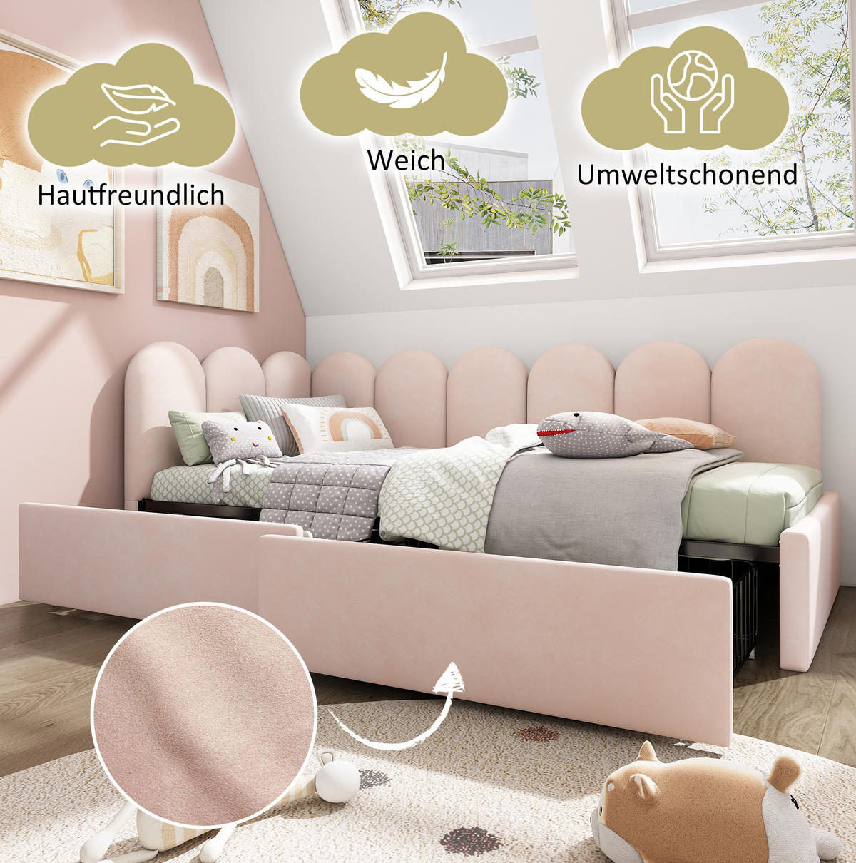 POLSTERBETT 90/190 cm Rosa aus Samt mit 2 Schubladen - Rosa, Textil (90/190cm) - OKMYHOME