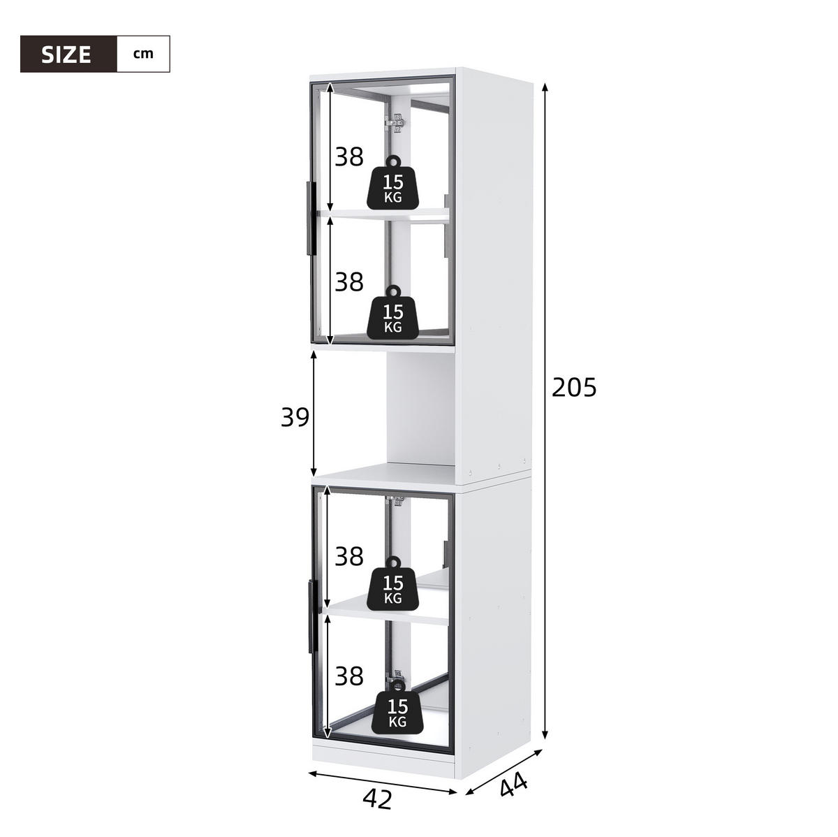 HIGHBOARD mit LED-Beleuchtung 42/44/205 cm – mit 2 Glastüren und Spiegelfront - Weiß, Holzwerkstoff (42/205/44cm) - BEAOK