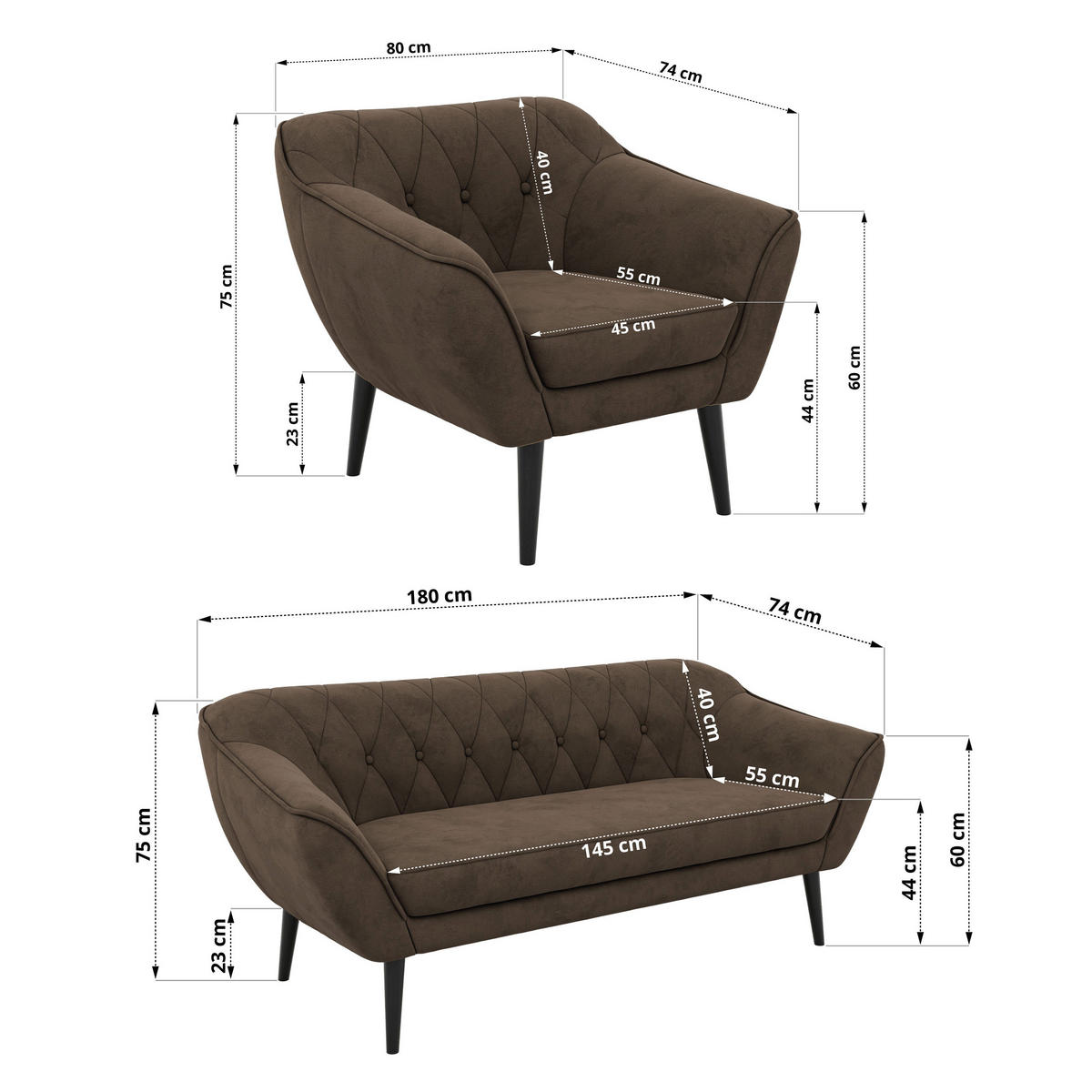 SEDACÍ SOUPRAVA 3+3+1 PIRS - Hnědá Samet - Černé nohy - tmavě hnědá/černá, kompozitní dřevo/textil (180/75/74cm) - MKS