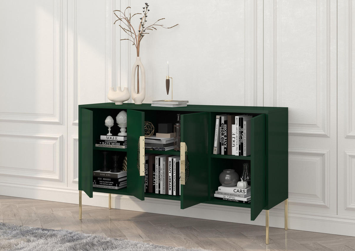 SIDEBOARD Merlin, Grün, Goldene Details - Dunkelgrün/Goldfarben, Holzwerkstoff/Metall (138/79/40cm) - Skandica