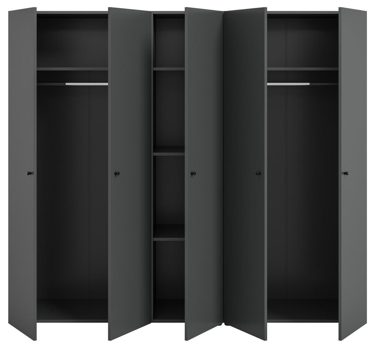 KLEIDERSCHRANK grau 5-türig 200 cm, Drehtürenschrank mit Kleiderstangen - Schwarz/Grau, Holzwerkstoff/Kunststoff (200/176/51cm) - Inn.Furn