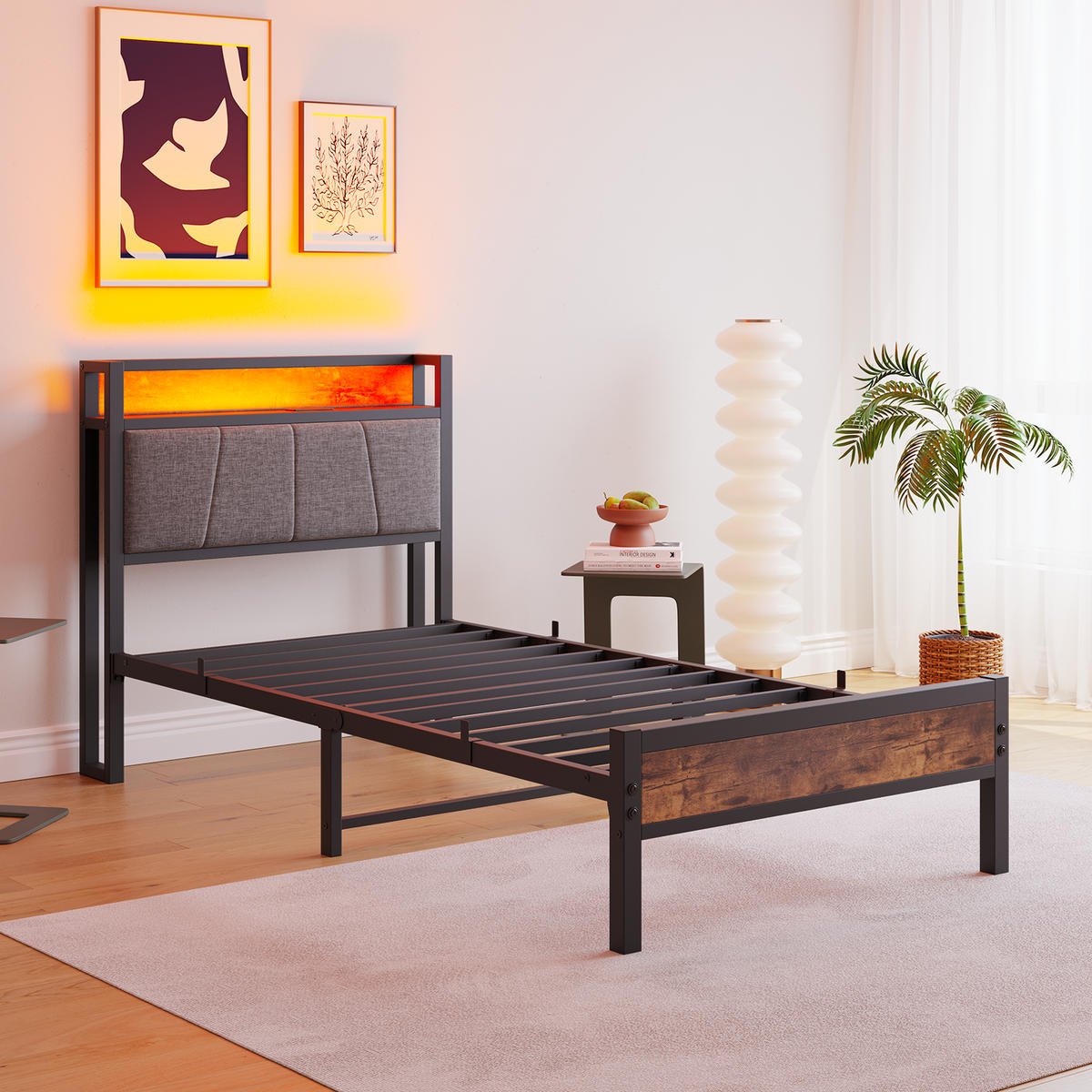 METALLBETT 90x200 cm LED USB Stauraum - Dunkelbraun, Holzwerkstoff (90/200cm) - Fortuna Lai