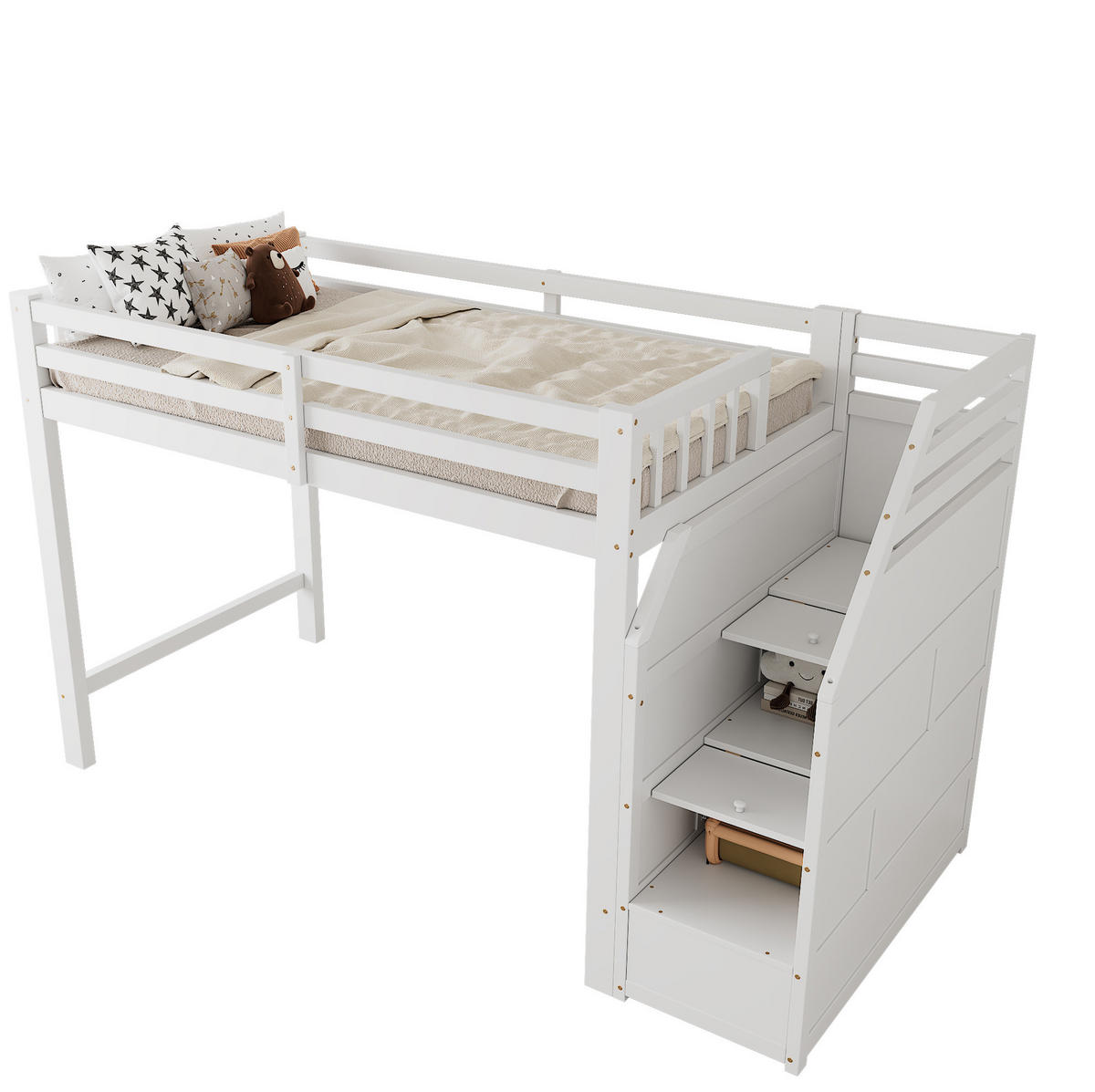 HOCHBETT 90/200 cm aus Kiefer und MDF mit Stauraumtreppe Weiß - Weiß, Holz (90/200cm) - Modenvie