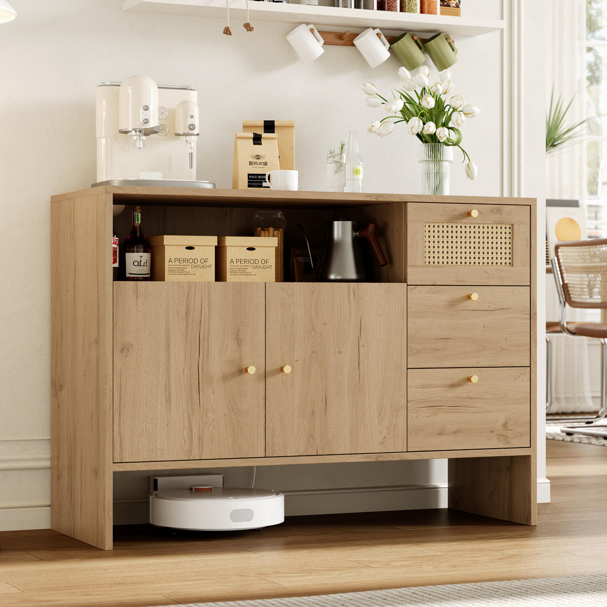 SIDEBOARD 105/40/76 cm natur aus Spanplatte mit Rattanfronten - Naturfarben, Holzwerkstoff (105/76/40cm) - OKWISH