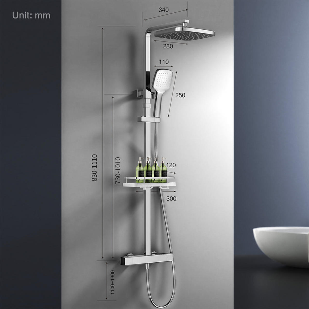 DUSCHSYSTEM Chrom Thermostat Regendusche Ablage - Chromfarben, Metall (39/13.8/85.5cm) - HOMELODY