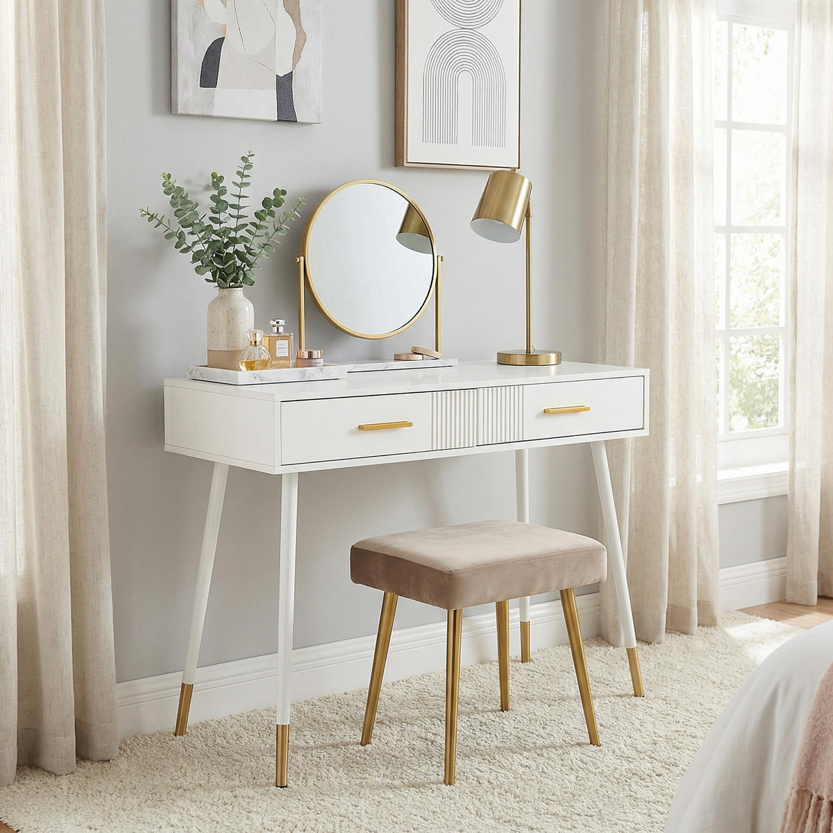 SCHMINKTISCH in Weiß mit goldenen Metallbeinen & 2 Schubladen - Weiß, Holzwerkstoff (100/76/40cm) - Urban Meuble