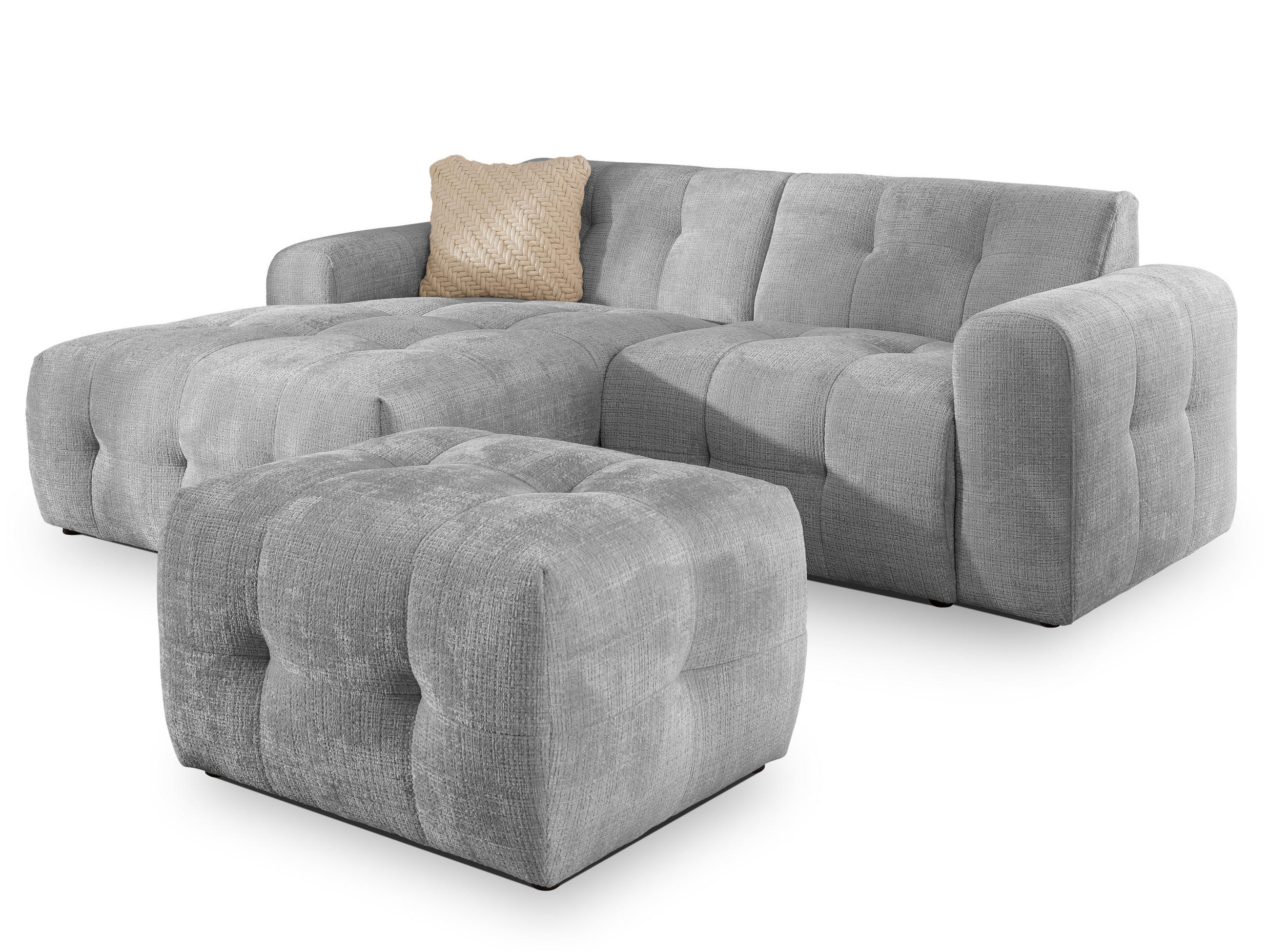 ECKSOFA inkl. Hocker Kozy im Bumpy-Design mit Schlaffunktion und fester Rückenlehne aus weichem Hellgrau Chenille-Stoff - Ottomane links - Hellgrau/Schwarz, Holz/Kunststoff (161/234cm) - S-Style Möbel