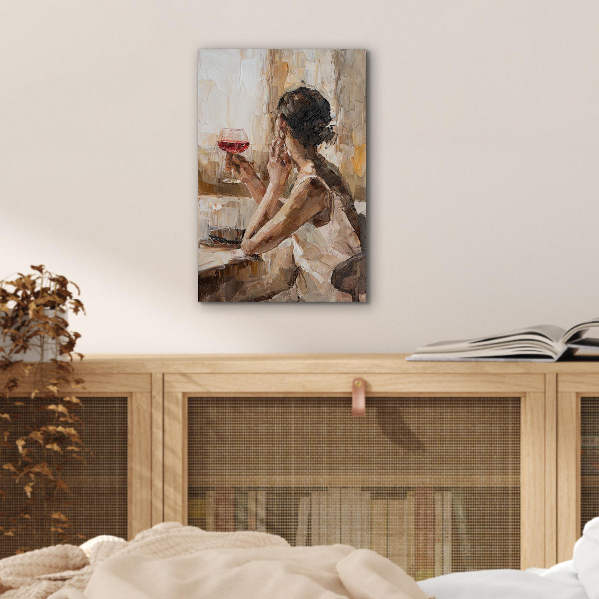 KOVOVÝ OBRAZ Olejomaľba - Žena - Víno 20x30 cm - svetlohnedá, kov (20/30cm) - MuchoWow