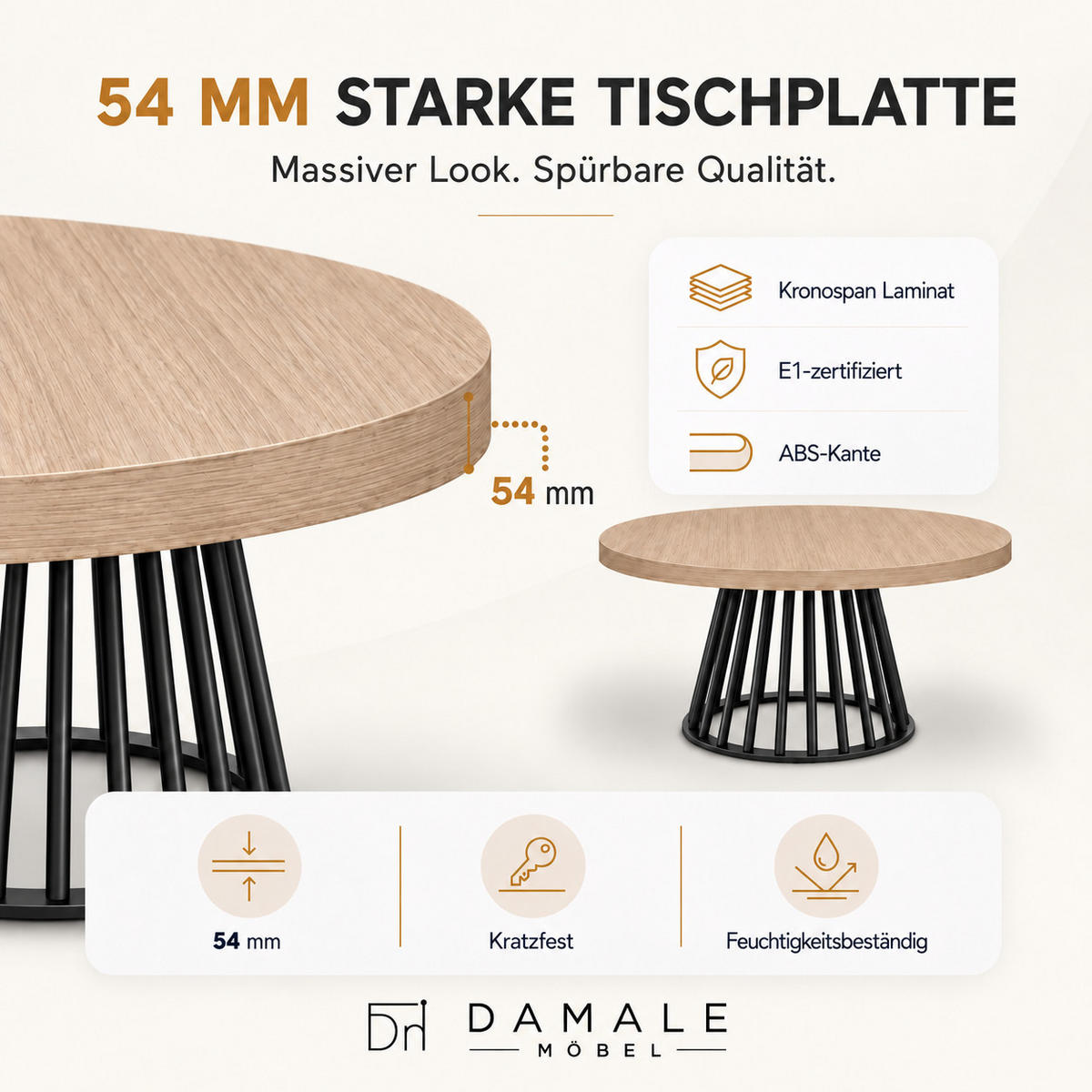 ESSTISCH rund ausziehbar 100/300/76 cm, Hellbraun Eiche Hikora Egger Natur, 54 cm Tischplatte + Lamellen-Metallgestell Schwarz - Hellbraun/Eichefarben, Holzwerkstoff/Metall (100/300/76cm) - Damale Möbel