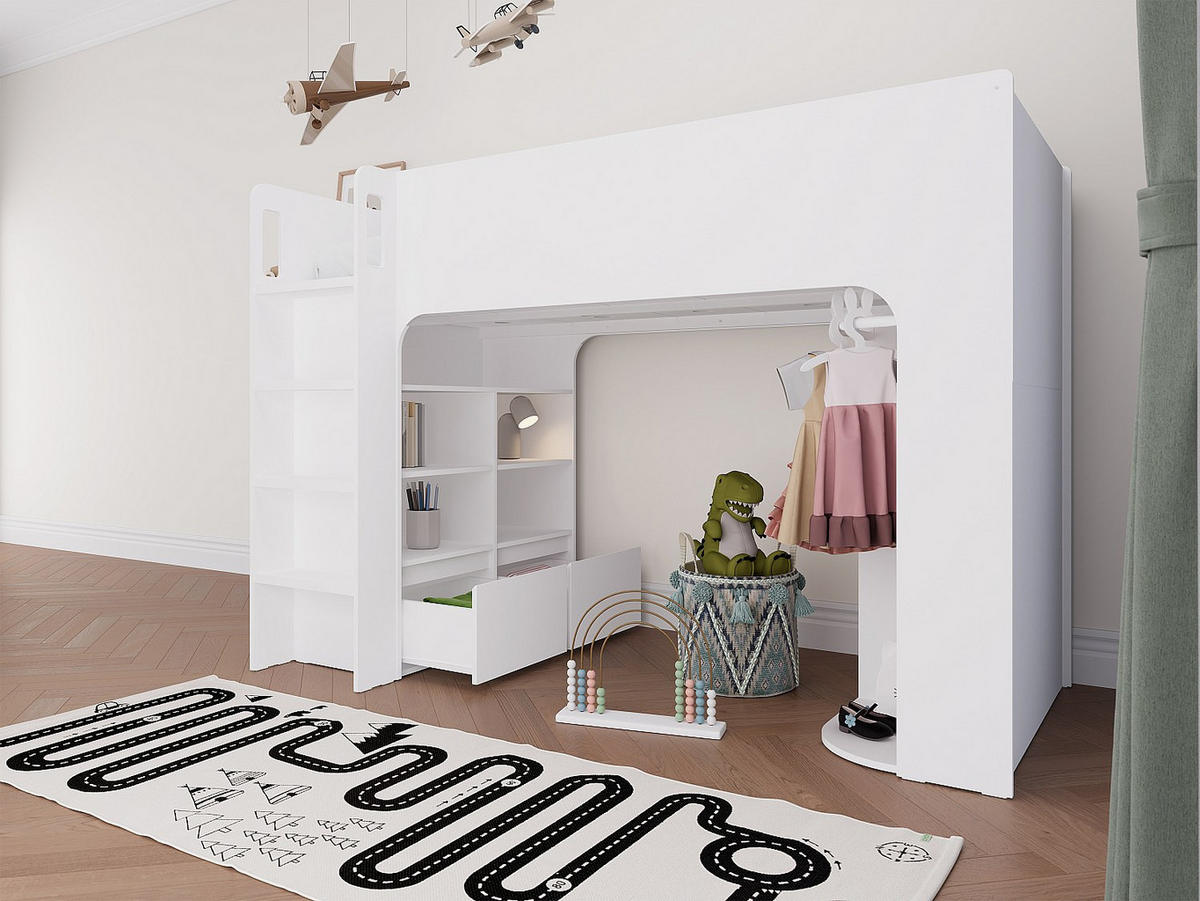 HOCHBETT mit Stauraum - 90 x 190 cm - Weiß + Matratze - COLUMI - Weiß, Holz (110/200cm) - Vente-Unique