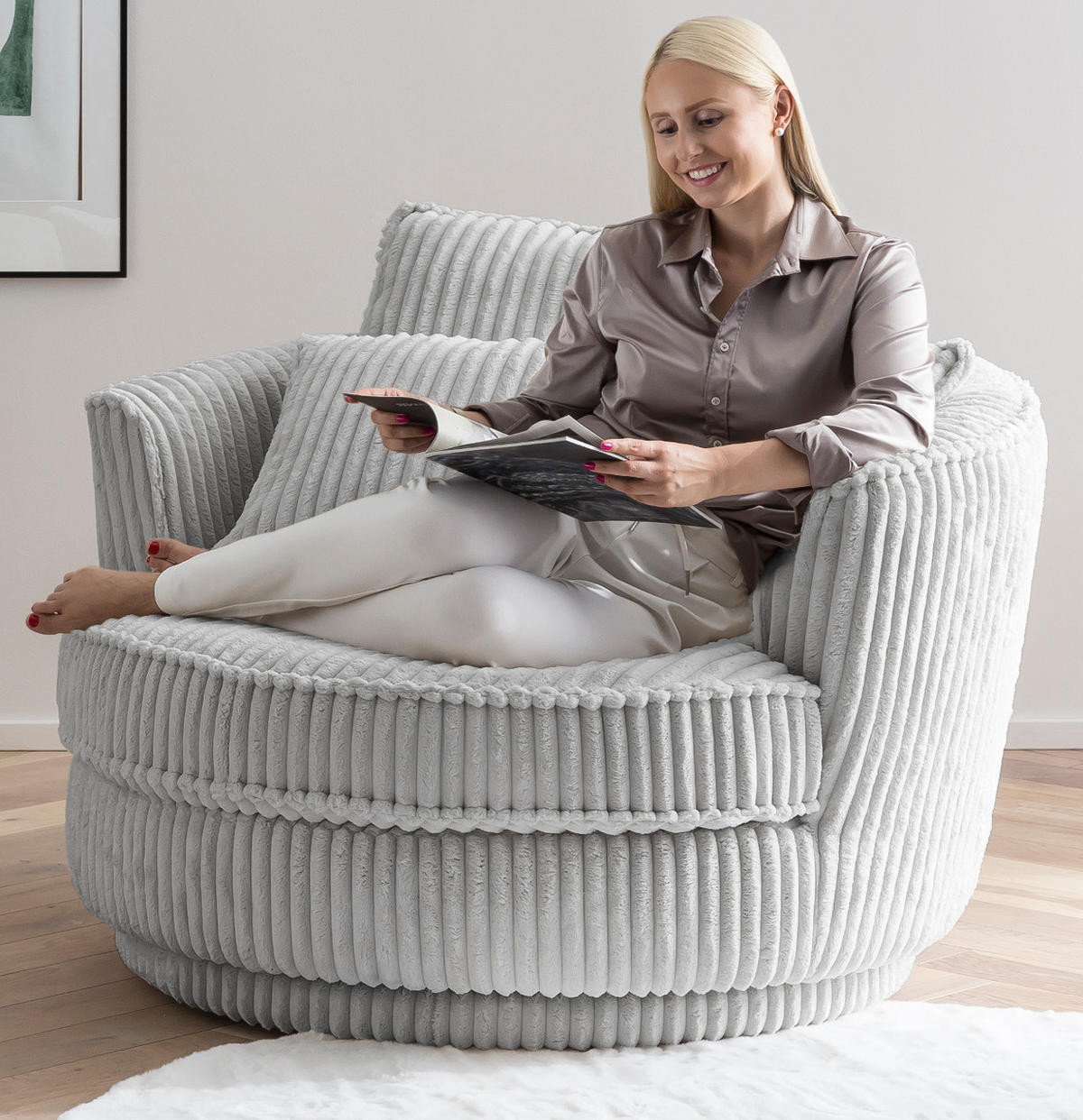 BIG-SESSEL Relaxsessel Mega Cord hell grau Ø 120 cm 360° drehbar, inklusive 3x Kissen - Hellgrau/Grau, Holz/Textil (120/86/120cm) - Furn.Design