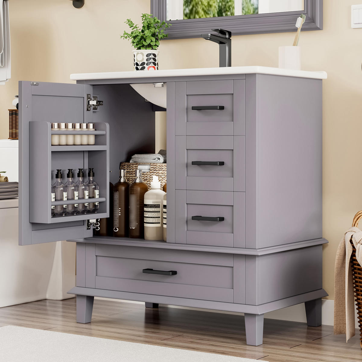 WASCHTISCHKOMBI mit Keramikbecken 76x46x83.5cm in Grau, 1 Schublade & 3 Türen - Grau, Holzwerkstoff (76/83.5/46cm) - Modfu