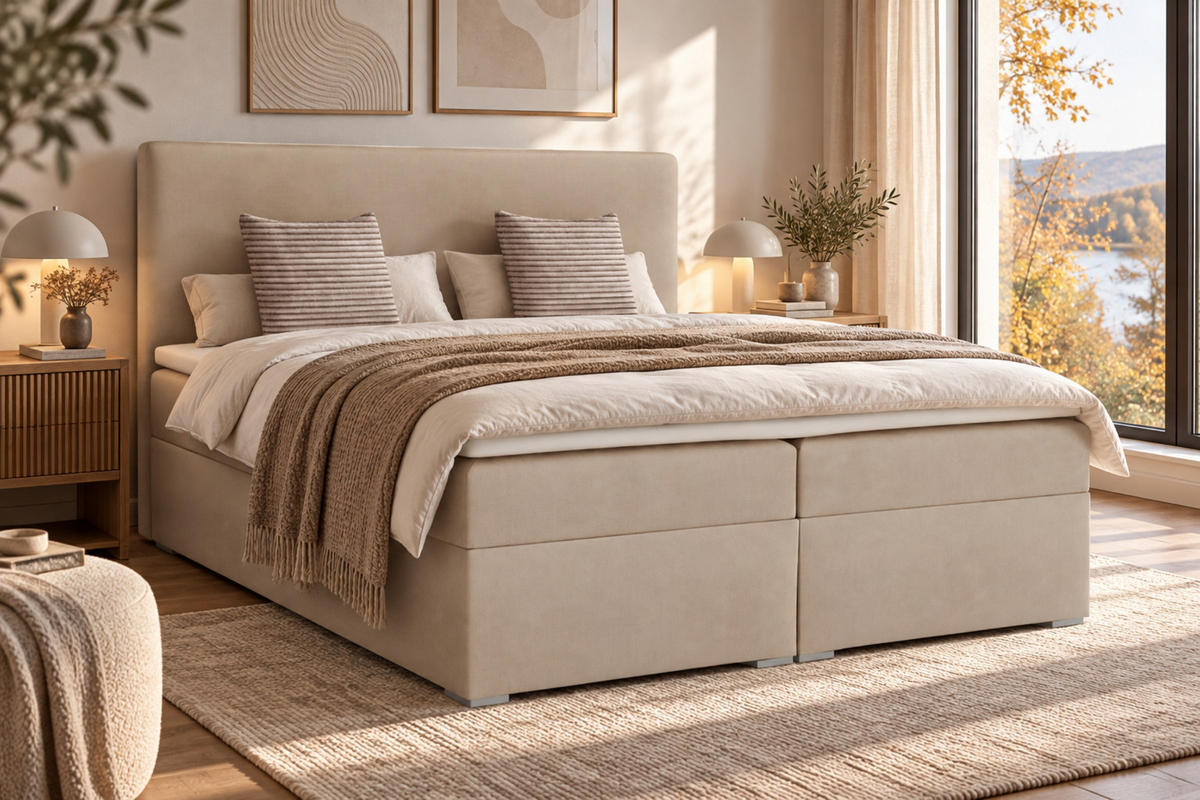 BOXBETT BASIC 180/200 Velours Beige mit Taschen-Federkernmatratzen 7 Zonen H4 - Beige, Holz/Holzwerkstoff (180/200cm) - Deine Möbel 24