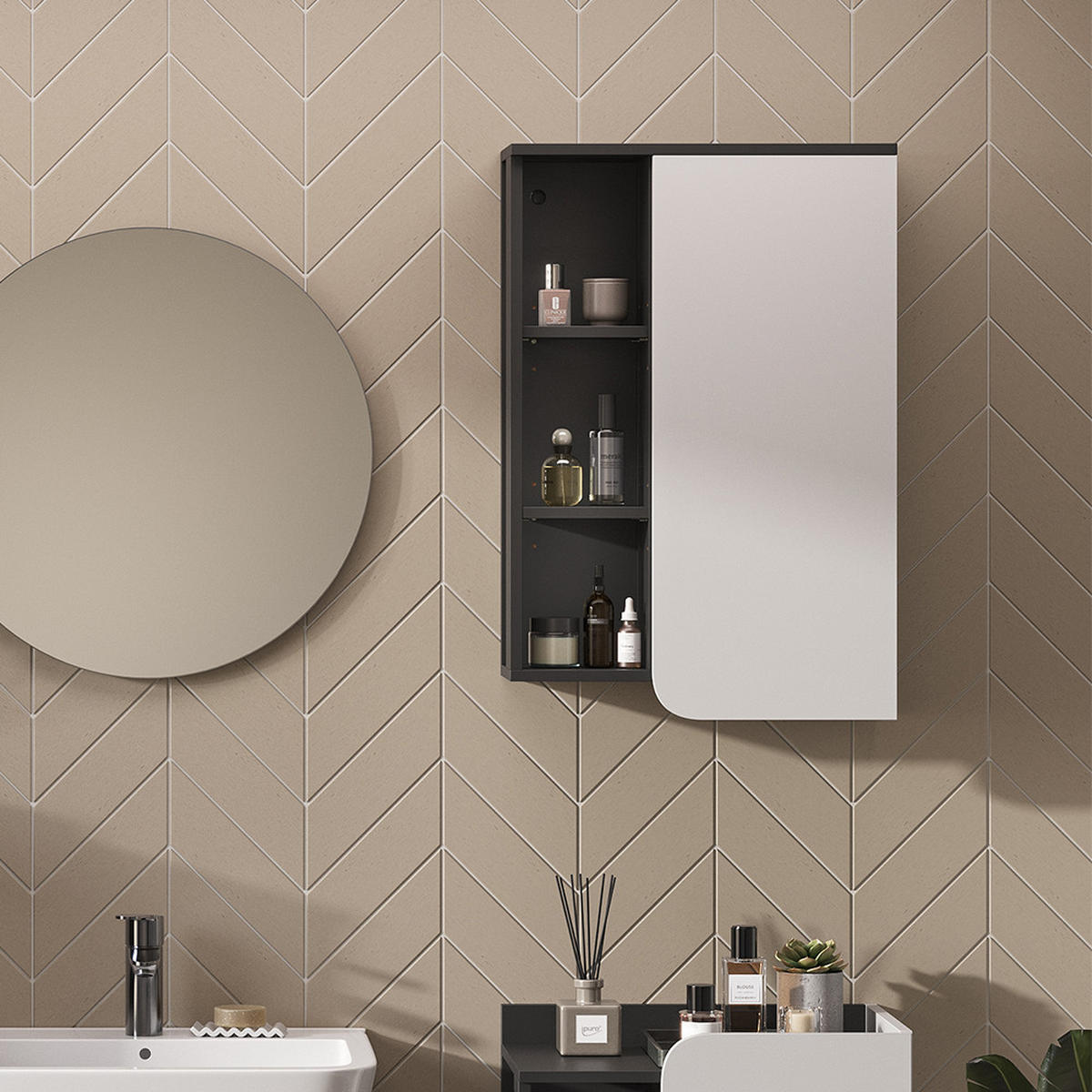 BADSCHRANK Karen Anthrazit/Weiß 50 x 75 cm mit Tür und offenen Fächern - Anthrazit/Weiß, Holzwerkstoff (50/75/20cm) - Vicco