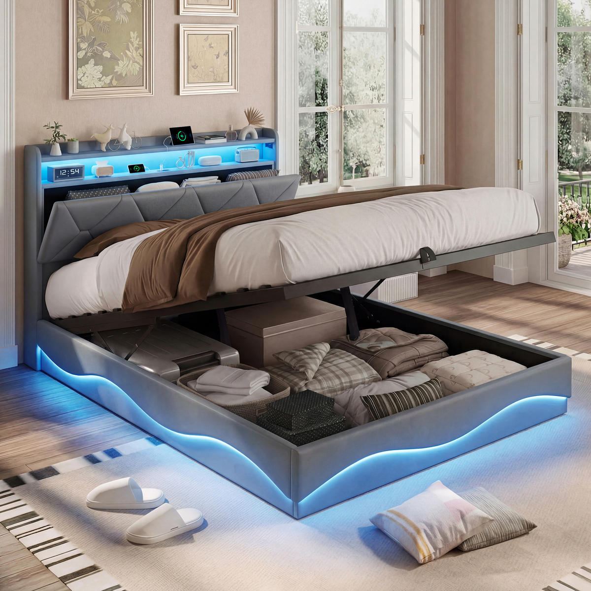 POLSTERBETT 160x200 cm mit hydraulischem Stauraum, Stauraumkopf, RGB-LED, USB-/Typ-C, Samtstoff in Grau - Grau, Holz (160/200cm) - BRILVERDE