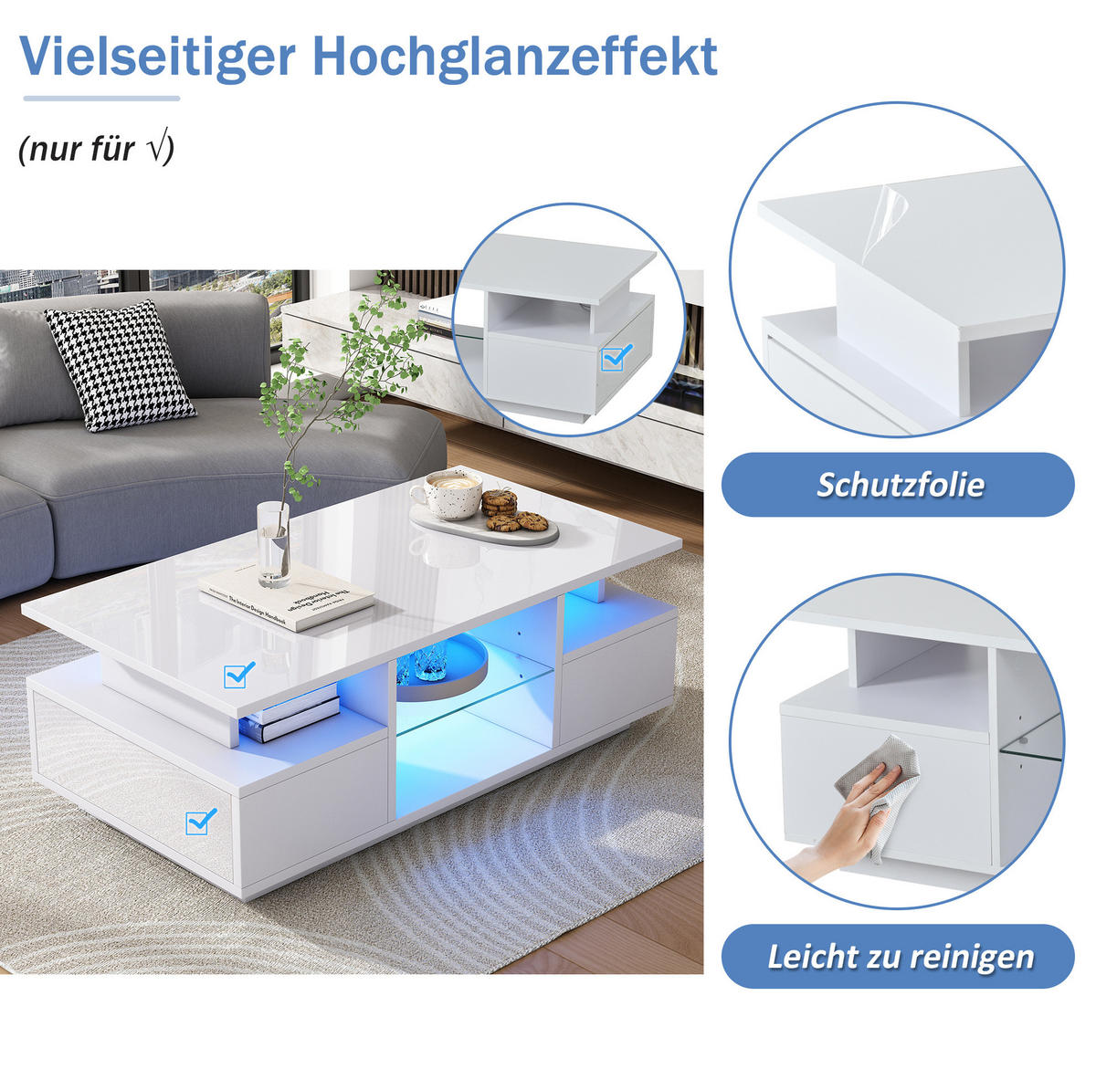 COUCHTISCH 100/50/36 cm mit 2 Schubladen, Glasablagen und LED-Beleuchtung in Hochglanz, Weiß - Weiß, Holzwerkstoff (100/50/36cm) - Redom