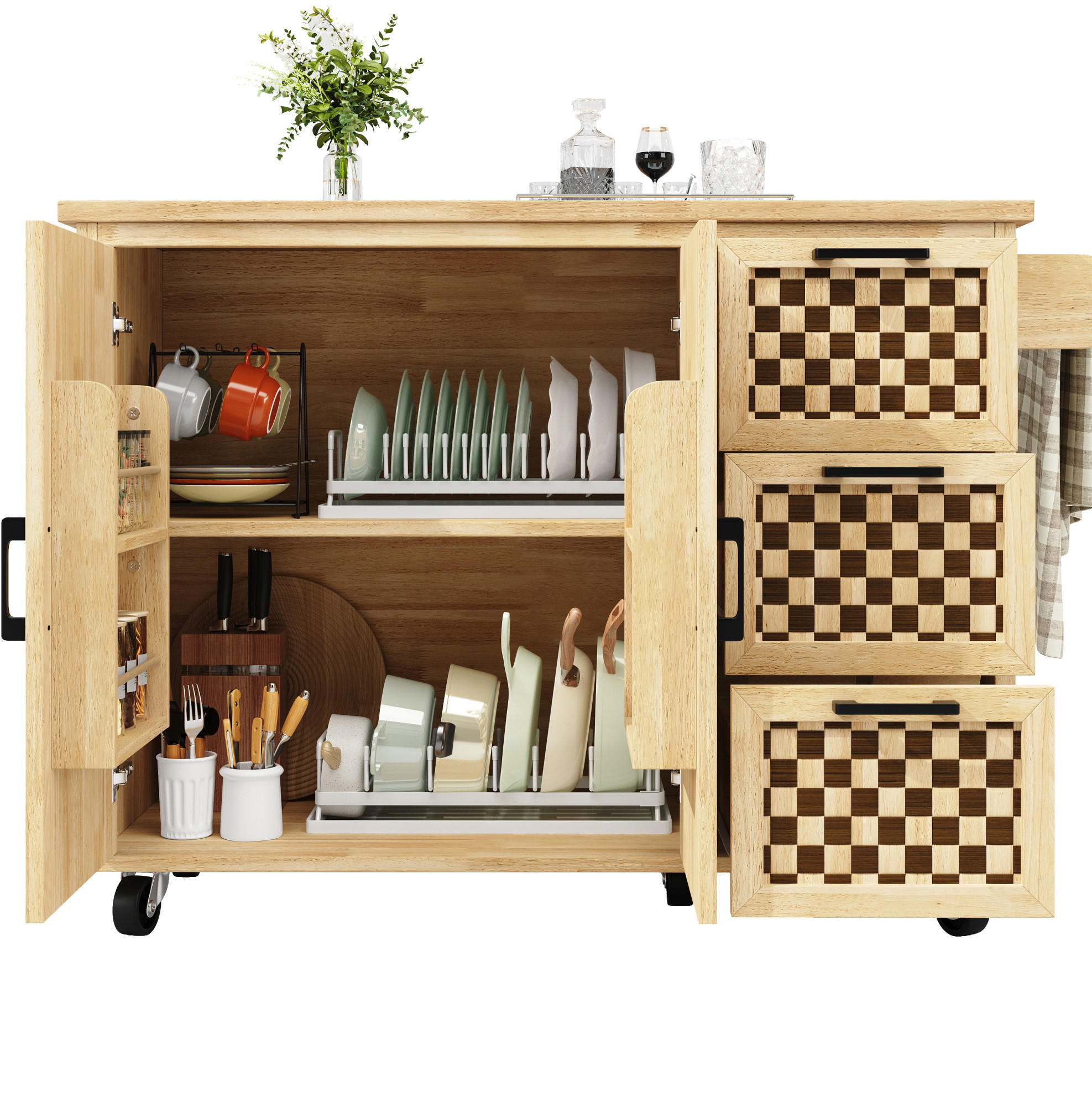 KÜCHENINSEL 120/45-75/92 cm natur mit klappbarer Tischplatte und Rollen - Naturfarben, Holzwerkstoff (120/92/45cm) - OKWISH