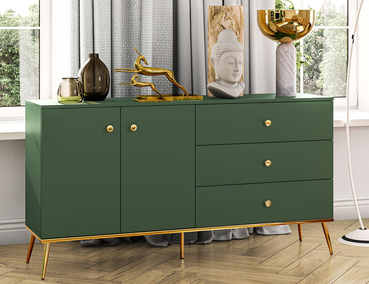 SIDEBOARD Forest dunkelgrün / gold 160 / 40 / 85cm - Grün, Holz/Holzwerkstoff (160/85/40cm) - Feldmann-Wohnen