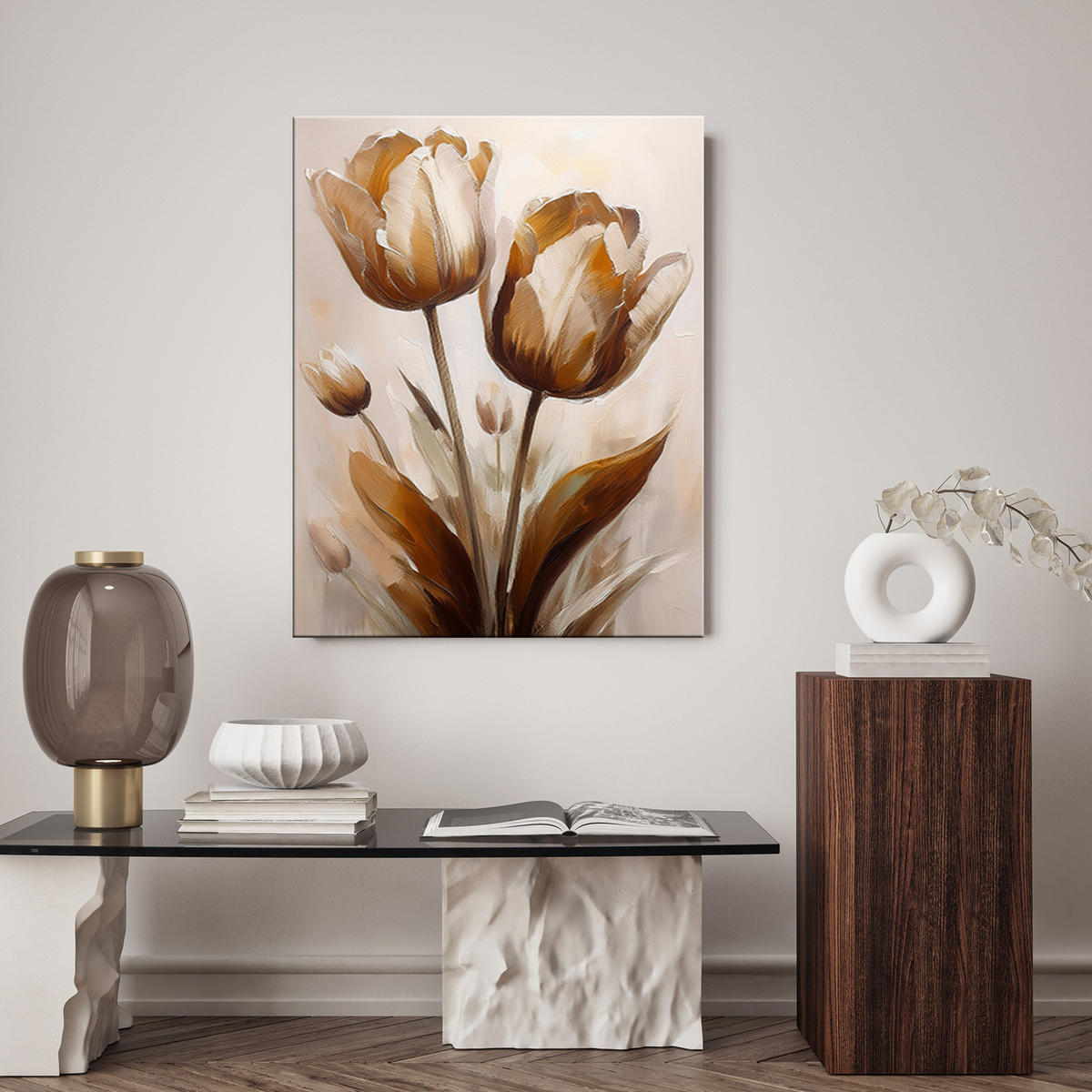 WANDBILD tulpen strauß blumen in sepia - Beige, Textil (40/60cm) - Feeby