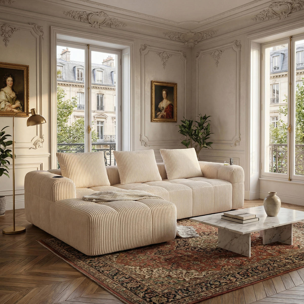 ROHOVÁ POHOVKA 3místná s držákem na pití, bočními kapsami a 3 polštáři - béžová, textil (253/158cm) - Urban Meuble