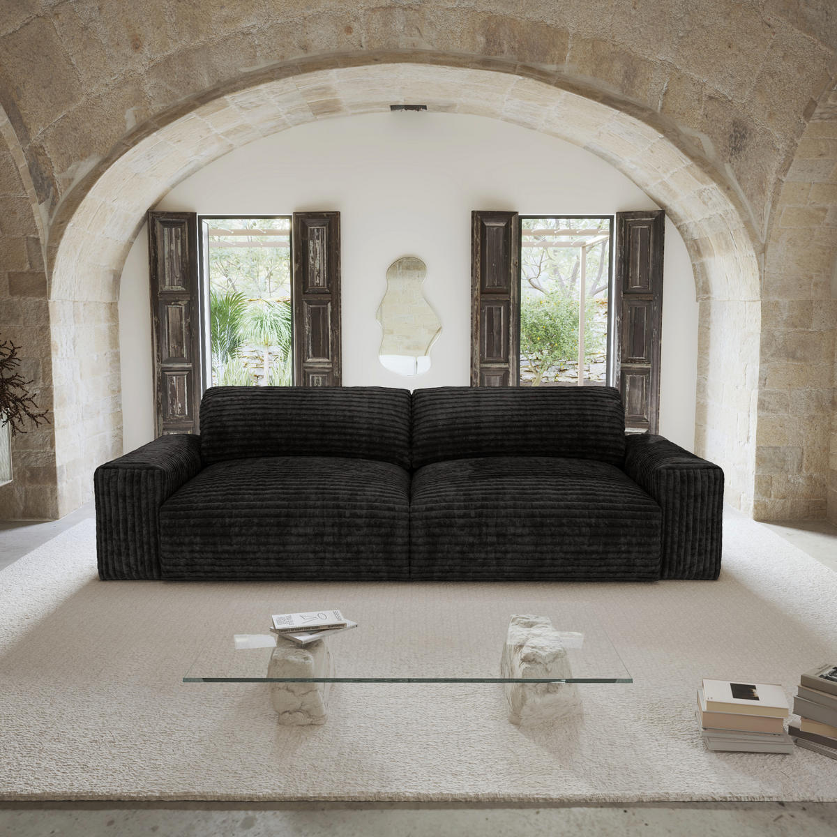 SOFA 3-SITZER Gerippter Samt XXL Schwarz 220cm - Schwarz, Textil (220/75/120cm) - Sia Home