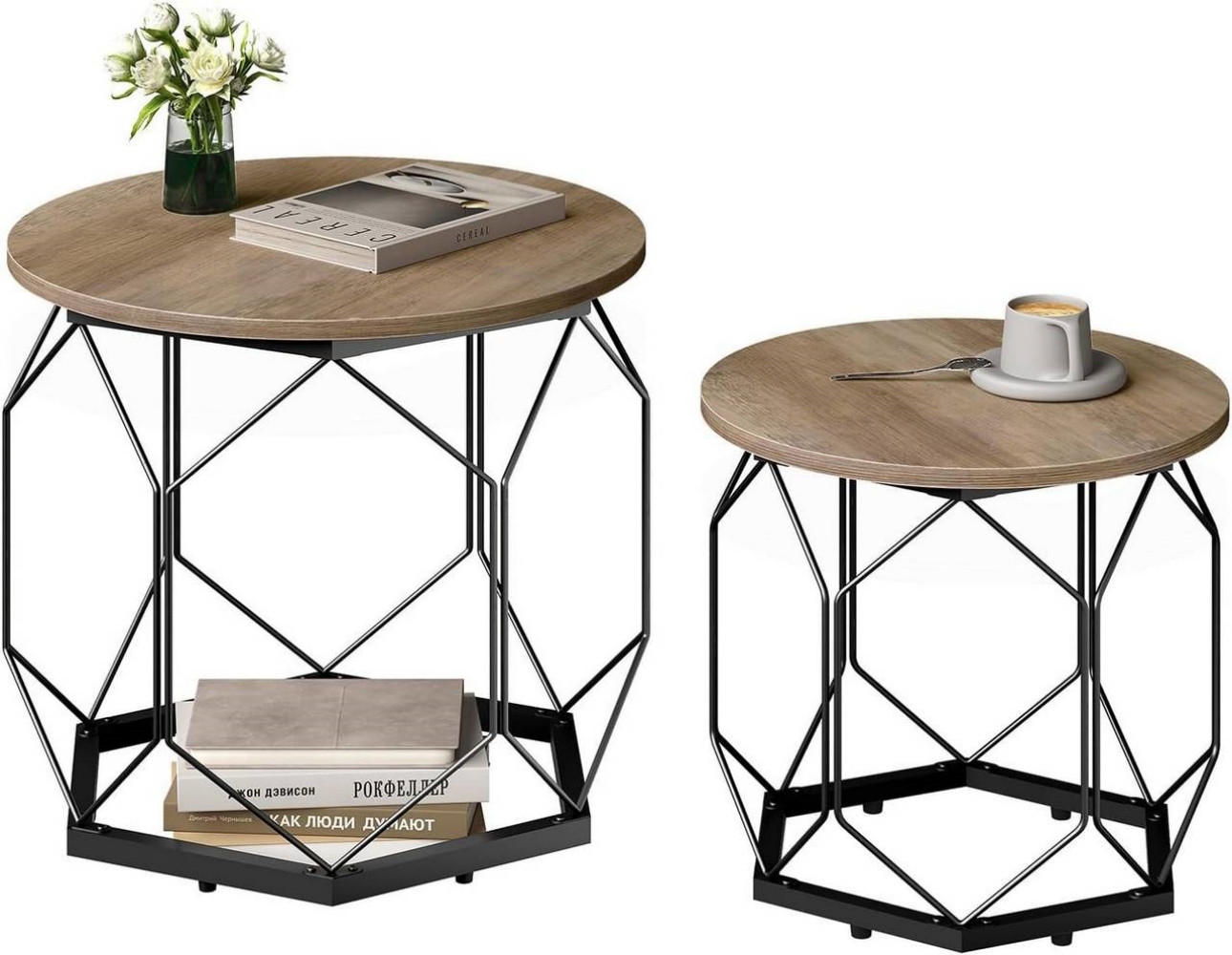 COUCHTISCH 2er Set, rund, Graue Holzoptik - Schwarz/Sonoma Eiche, Holzwerkstoff/Metall (50/50/45cm) - Woltu