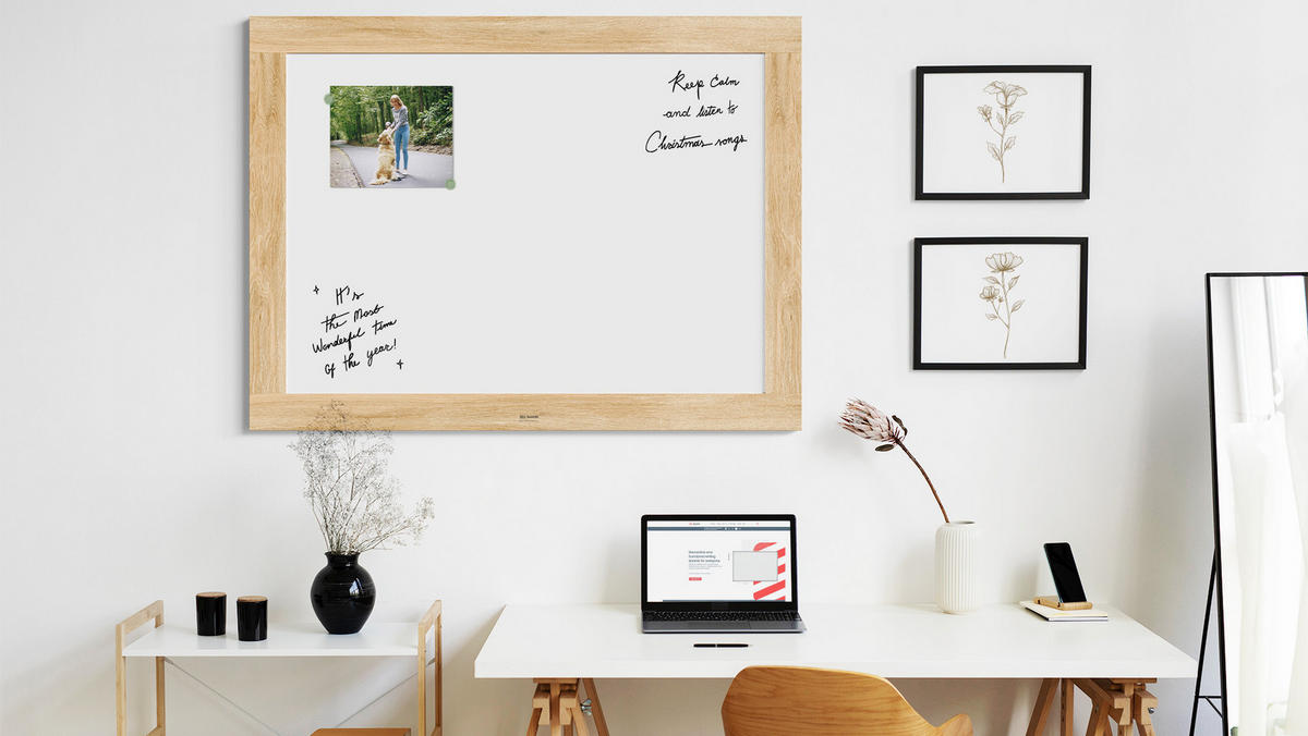 MAGNETISCHES Whiteboard, trocken abwischbar PREMIUM 120×90 cm, massiver Rahmen im Eichendesign - Weiß, Metall (120/90/2cm)