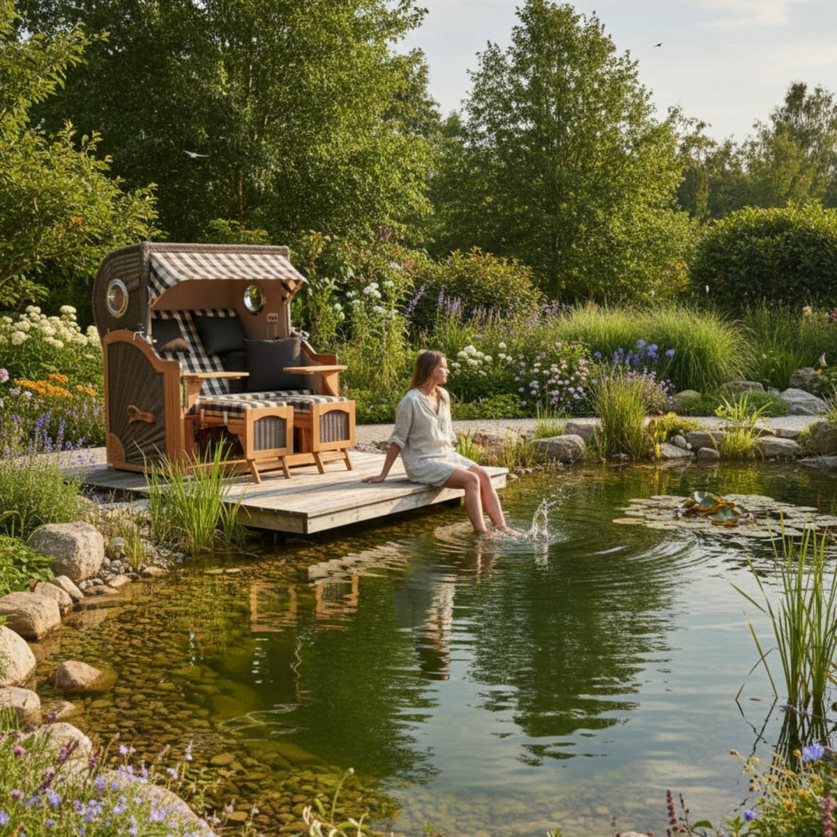 STRANDKORB Düne Grande Bullauge Teak PE Grey Dessin 505 - Braun/Grau, Metall (142/170/95cm) - Mr. Deko