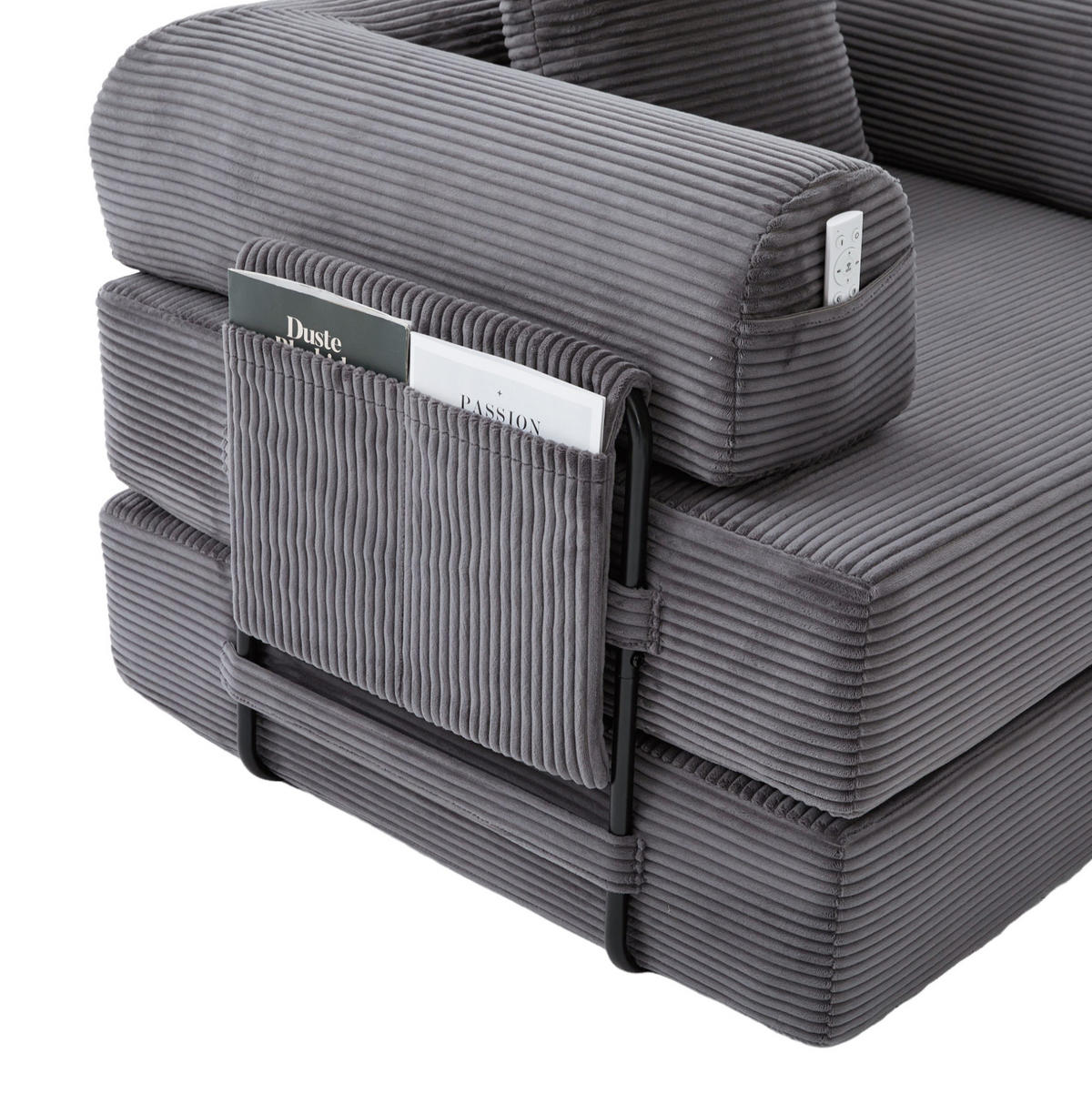 ECKSOFA aus Cord 200x190x67 cm Dunkelgrau mit Hocker, Seitentasche und 3 Kissen - Dunkelgrau, Textil (200/190cm) - Modfu