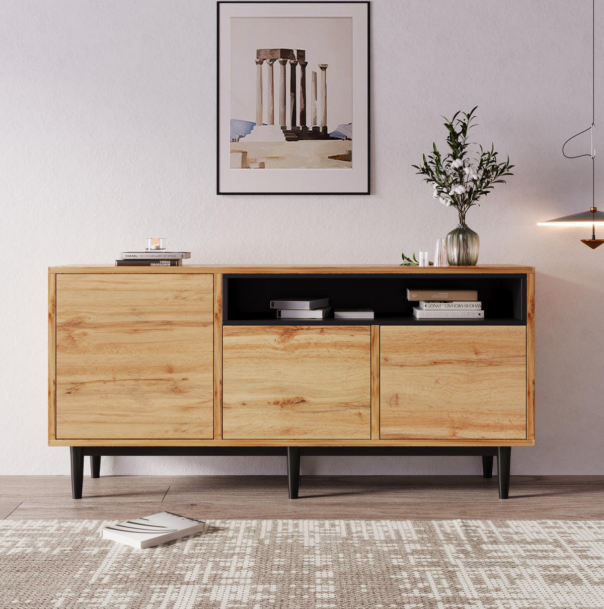 SIDEBOARD 160/35/76 cm Schwarz/Holzfarben aus MDF mit 3 Türen und verstellbaren Regalen - Naturfarben, Holzwerkstoff (35/76/160cm) - OKMYHOME