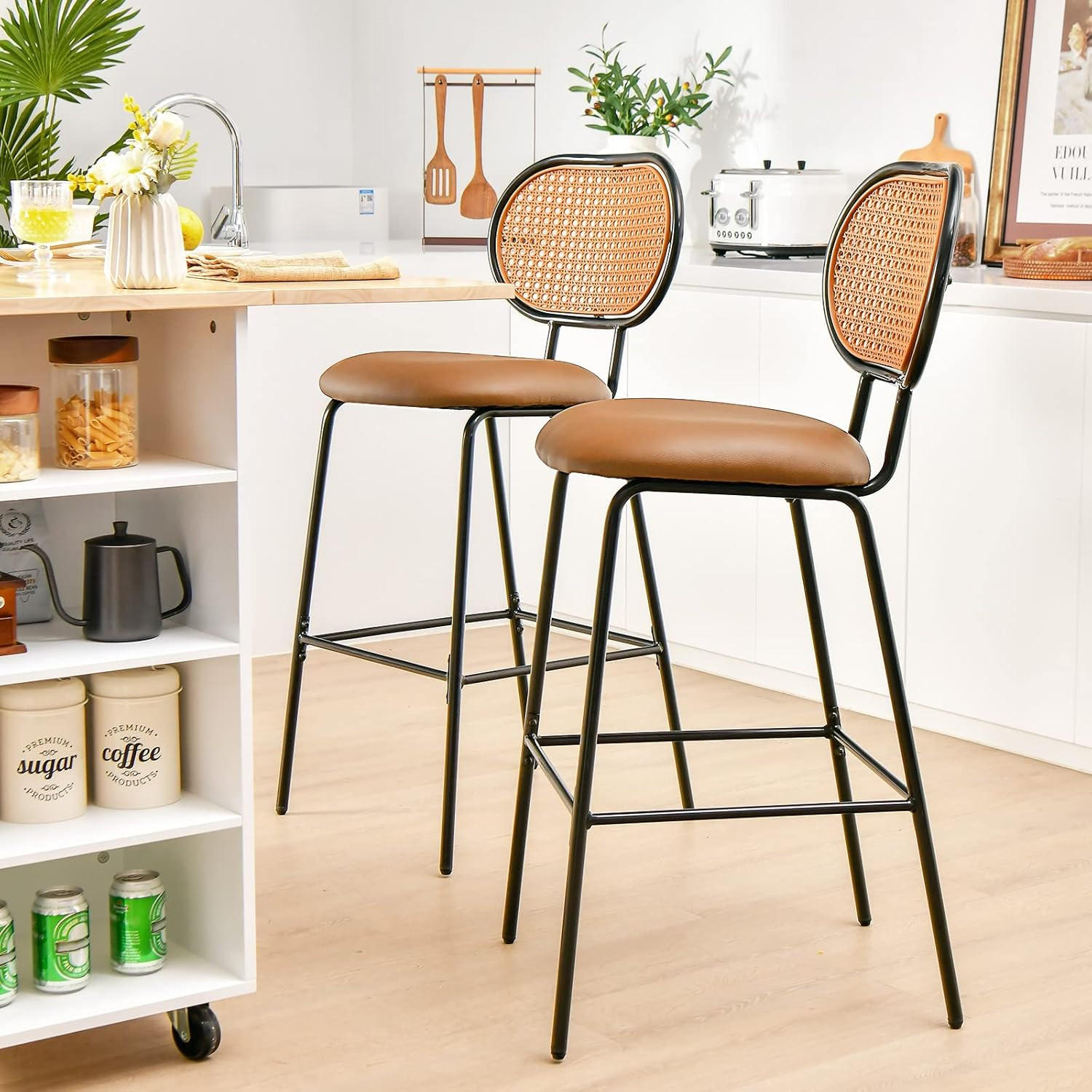 BARHOCKER mit Rückenlehne Braun(2er-Set) - Braun, Fell (48/107/52cm) - COSTWAY
