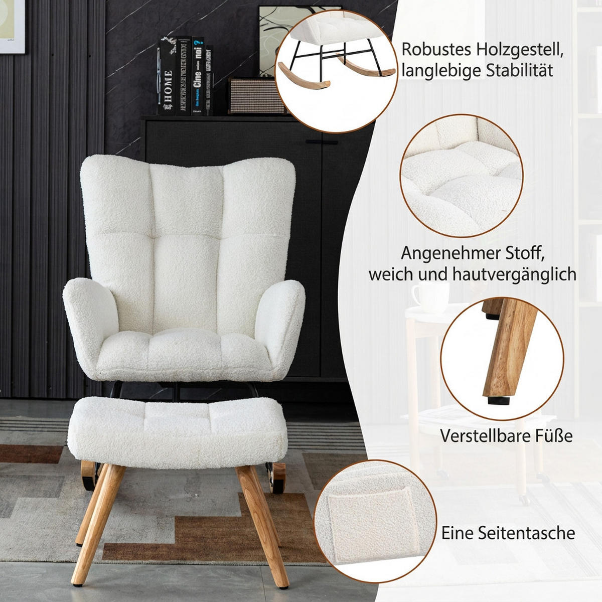 SCHAUKELSTUHL Weiß Bouclé mit 1 Fußhocker - Weiß, Textil (64/92/94cm) - Oxeza