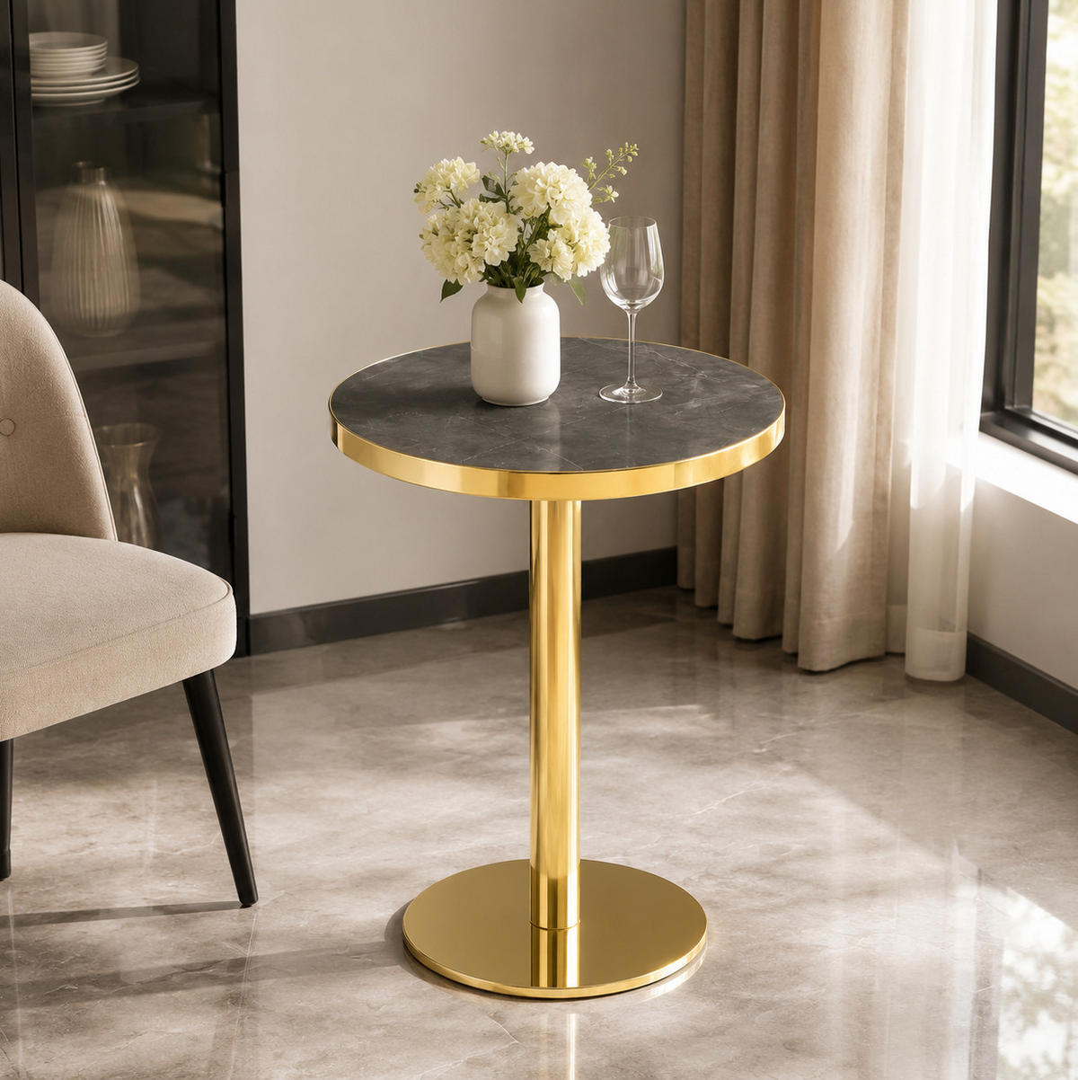 BEISTELLTISCH rund in Grau/Gold mit Marmoroptik und Edelstahlgestell,59.5/59.5/73.5 cm - Grau, Holzwerkstoff (59.5/59.5/73.5cm) - BEAOK