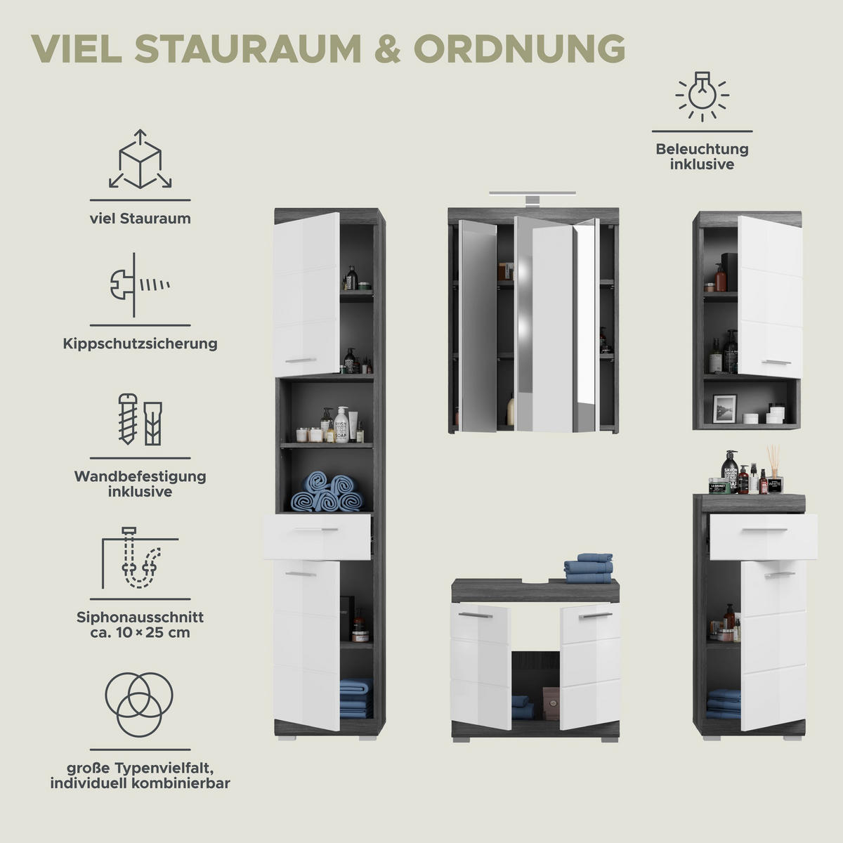 BADKOMBINATION 4tlg. Scout Bad in Rauchsilber Nachbildung und weiß hochglanz B/H/T: 164x191x34 cm - Anthrazit, Holz (164/191/34cm)