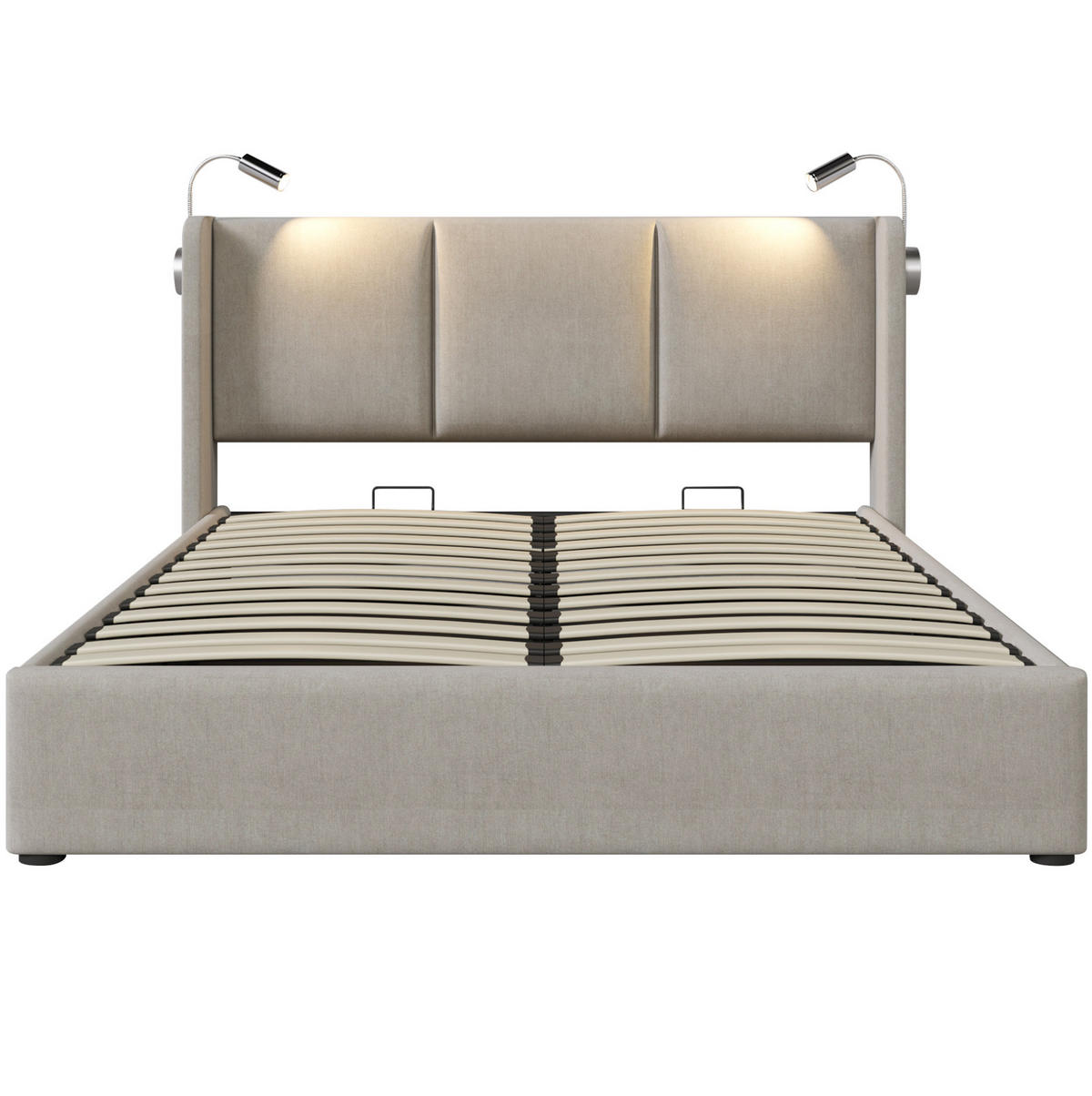 ČALOUNĚNÁ postel 140/200 cm béžová z lnu s úložným prostorem a čtecí lampičkou USB - béžová, textil (140/200cm) - OKWISH