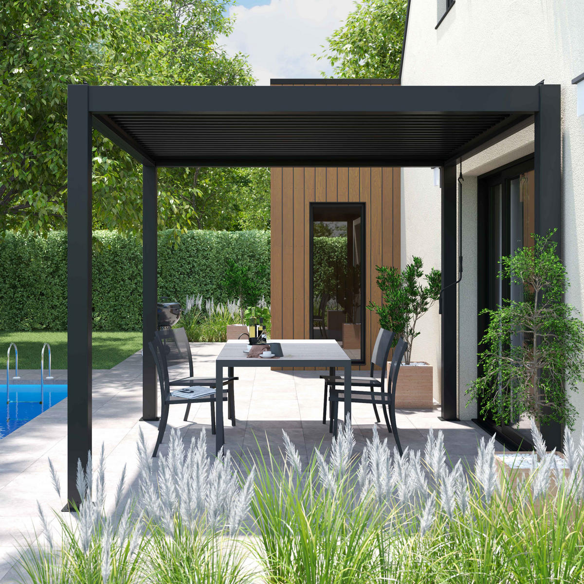 PERGOLA 3x3m, motorisiert mit 3 Markisen, Grau - Grau, Metall (296/257/296cm) - Oviala