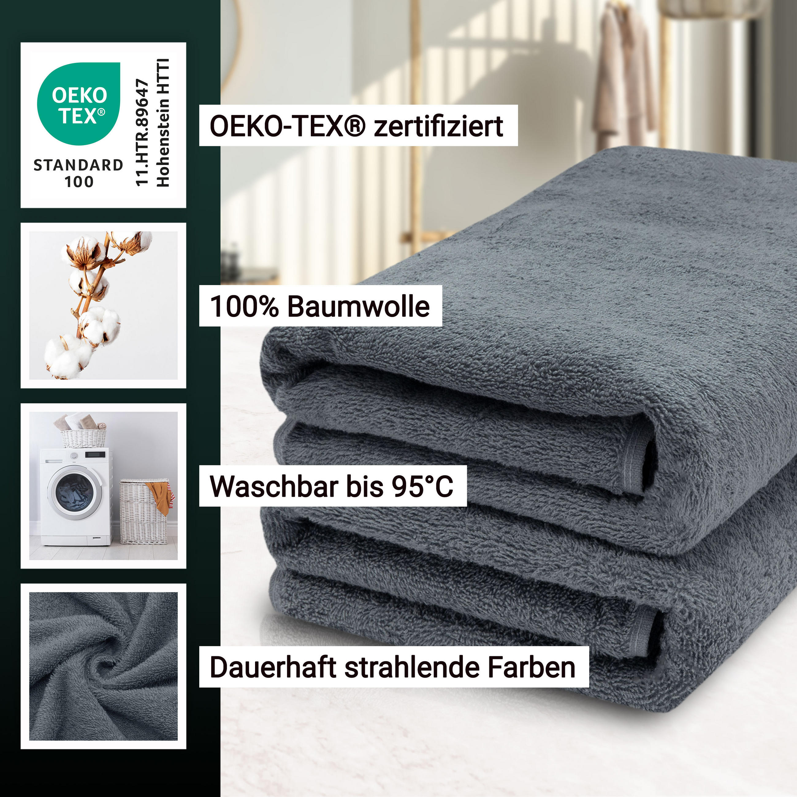 SAUNATUCH, 2er-Set, 70x200 cm, 100% Baumwolle, Grau - Grau, Textil (70/200cm) - Zollner